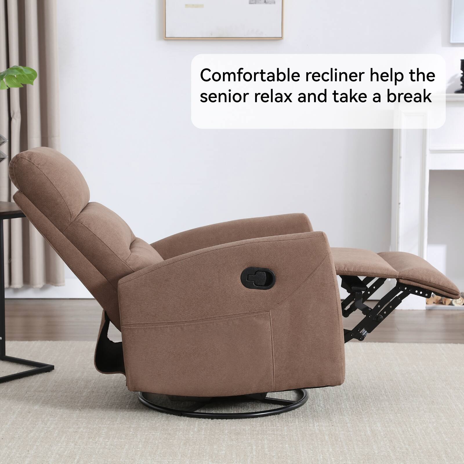 Comfortable recliner helps the senior relax and take a break.