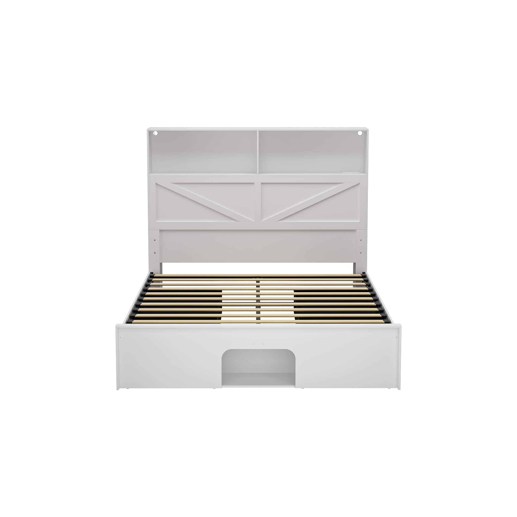 Famapy - Multifunctional Storage Bed Frame - USB Ports, LED Lighting, Rolling Drawers - White