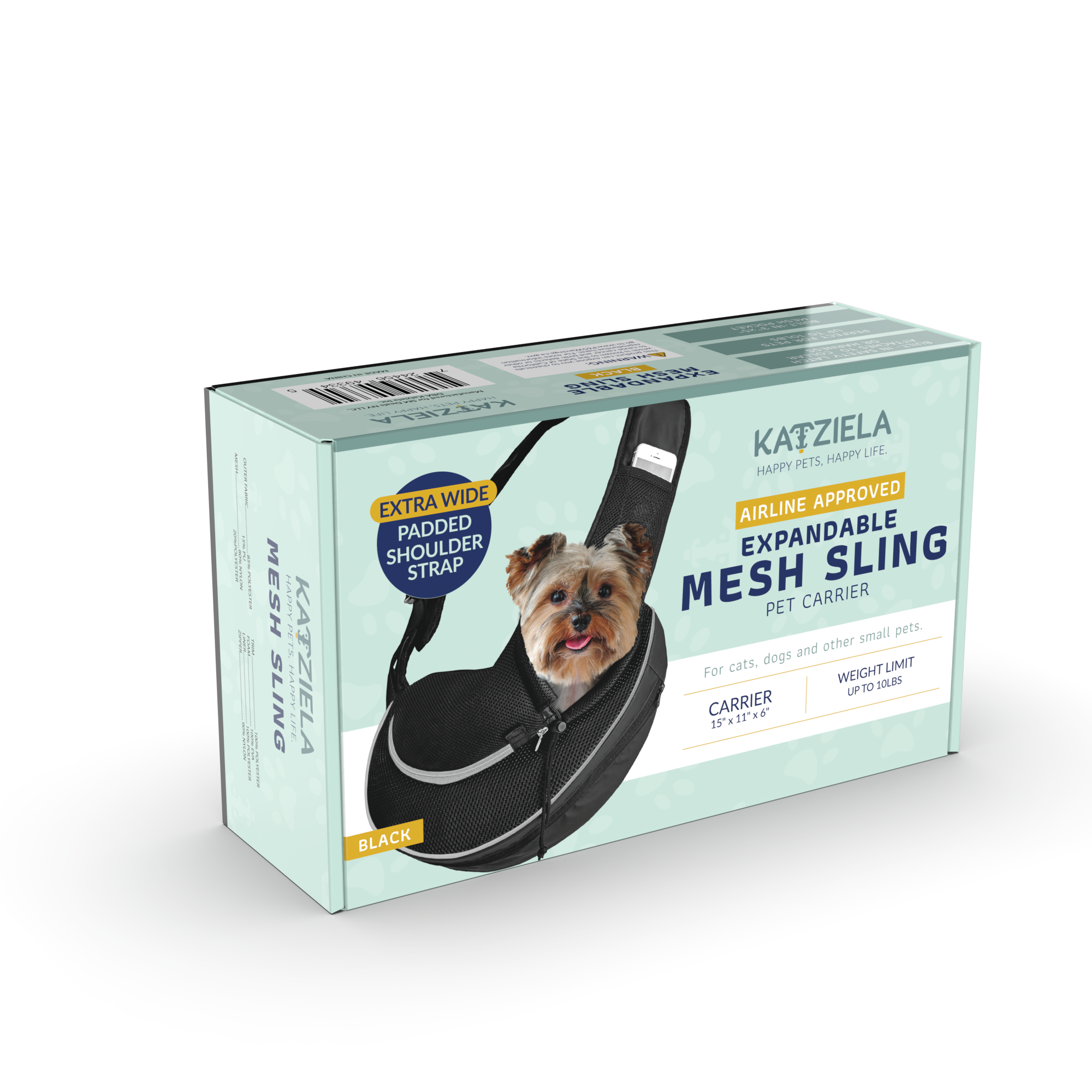KATZIELA  
HAPPY PETS. HAPPY LIFE.  

EXTRA WIDE AIRLINE APPROVED PADDED EXPANDABLE MESH SLING PET CARRIER  
For cats, dogs and other small pets.  

CARRIER: 15" x 11" x 8"  
WEIGHT LIMIT: UP TO 10 LBS  

EXTRA WIDE PADDED SHOULDER STRAP  
AIRLINE APPROVED EXPANDABLE MESH SLING PET CARRIER  

BLACK