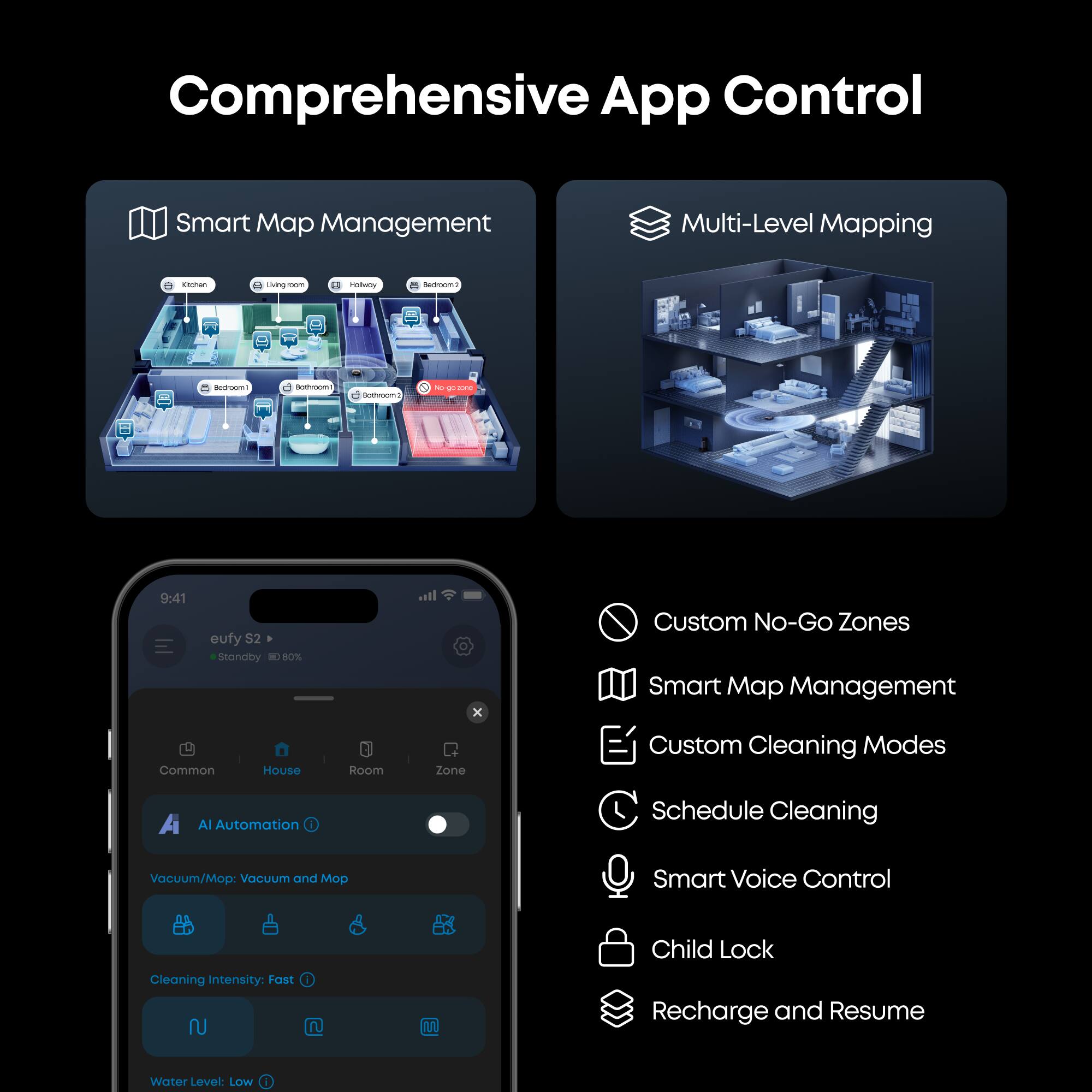 Comprehensive App Control

Smart Map Management

Multi-Level Mapping

- Custom No-Go Zones
- Smart Map Management
- Custom Cleaning Modes
- Schedule Cleaning
- Smart Voice Control
- Child Lock
- Recharge and Resume

eufy S2 standby - NO% all x Custom No-Go Zones Smart Map Management Common House Room Zone Custom Cleaning Modes A Al Automation Schedule Cleaning Vacuum/Mop: Vacuum and Mop Cleaning Intensity: Fast & Child Lock Recharge and Resume Water Level: LOW