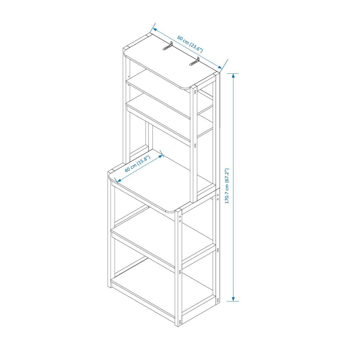 - Width: 60 cm (23.6")
- Depth: 40 cm (15.8")
- Height: 170.7 cm (67.2")