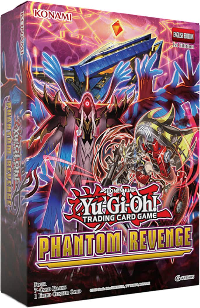 KONAMI  
ENGLISH EDITION  
1st Edition  

Yu-Gi-Oh!  
TRADING CARD GAME  
PHANTOM REVENGE  

SHONEN JUMP  

Four 7-Card Packs  
1 Field Center Card  

6+ Years