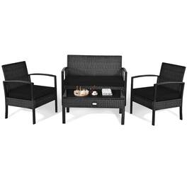 Costway - 4 PCS Outdoor Patio Rattan Furniture Set Cushioned Sofa Coffee Table Garden Deck - Black