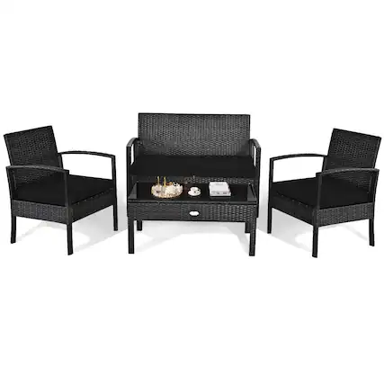 Front. Costway - Costway 4 PCS Outdoor Patio Rattan Furniture Set Cushioned Sofa Coffee Table Garden Deck - Black.