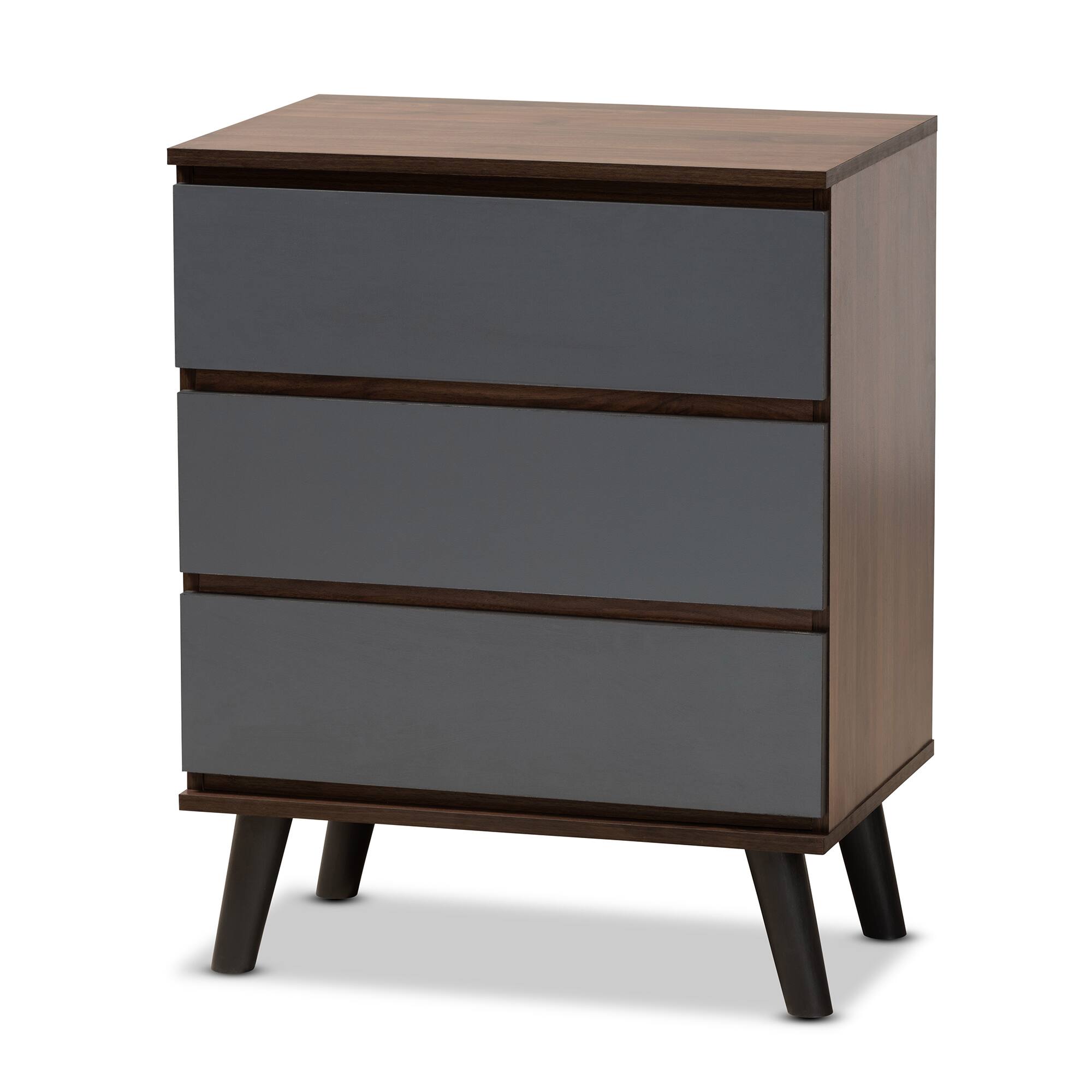 Front. Baxton Studio - Roldan Modern and Contemporary Finished Wood 3-Drawer Bedroom Chest - Grey/Walnut Brown/Black.
