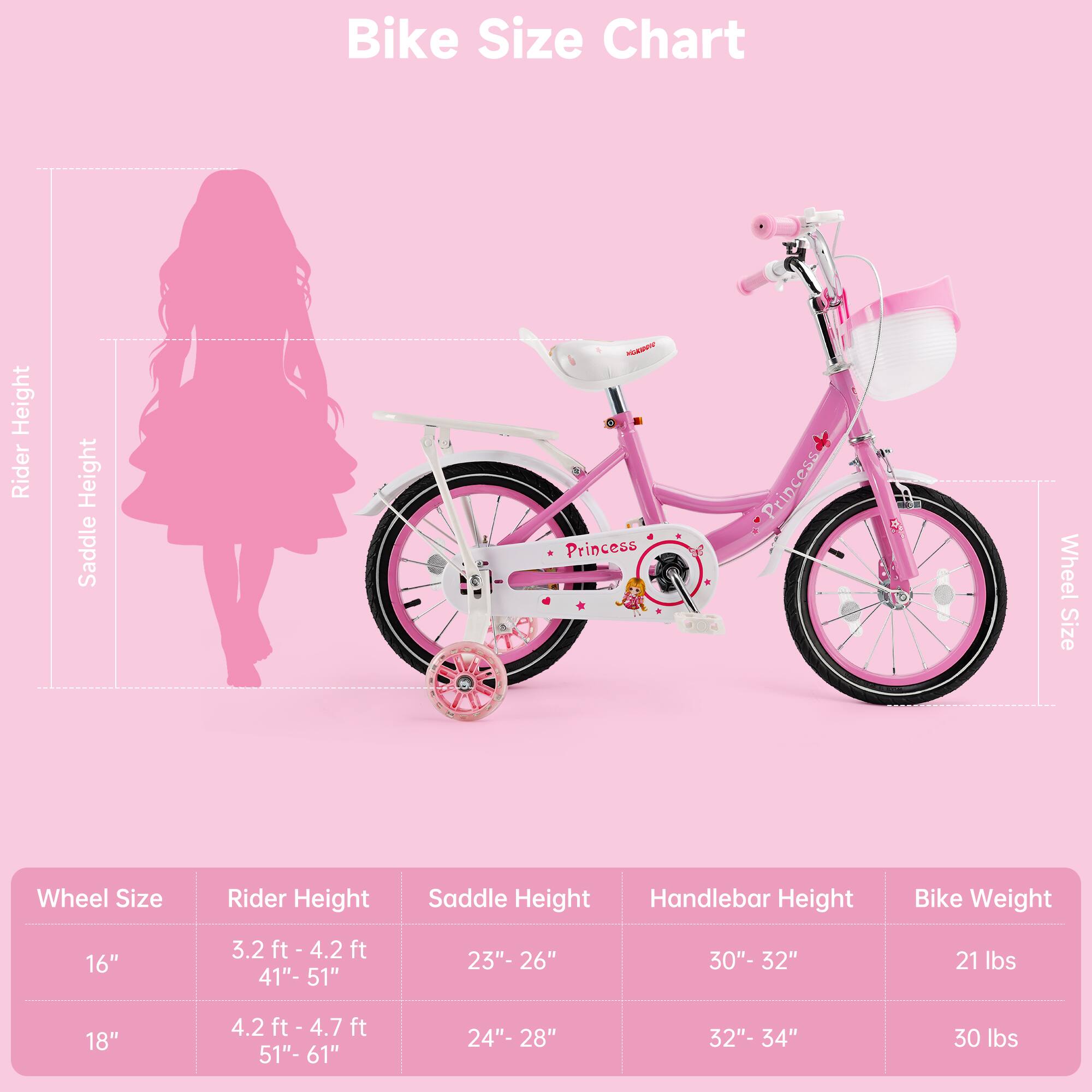 Bike Size Chart

Wheel Size | Rider Height | Saddle Height | Handlebar Height | Bike Weight
--- | --- | --- | --- | ---
16" | 3.2 ft - 4.2 ft (41" - 51") | 23" - 26" | 30" - 32" | 21 lbs
18" | 4.2 ft - 4.7 ft (51" - 61") | 24" - 28" | 32" - 34" | 30 lbs