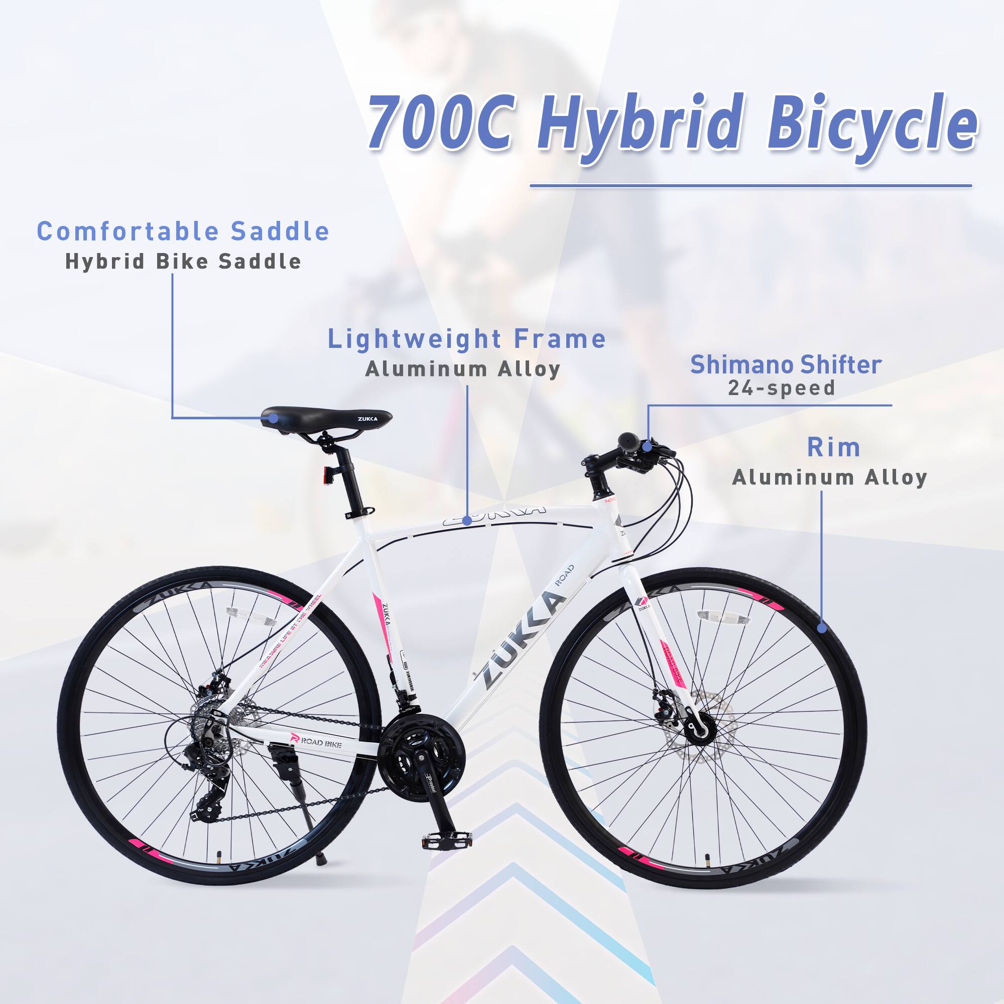 700C Hybrid Bicycle

- Comfortable Saddle
- Hybrid Bike Saddle
- Lightweight Frame
- Aluminum Alloy
- Shimano Shifter
- 24-speed
- Rim
- Aluminum Alloy
