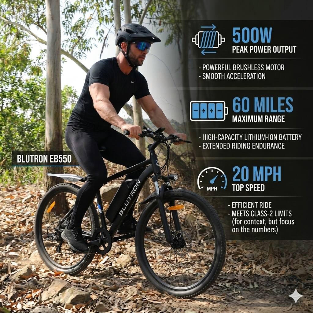 500W PEAK POWER OUTPUT  
- POWERFUL BRUSHLESS MOTOR  
- SMOOTH ACCELERATION  

60 MILES MAXIMUM RANGE  
- HIGH-CAPACITY LITHIUM-ION BATTERY  
- EXTENDED RIDING ENDURANCE  

20 MPH TOP SPEED  
- EFFICIENT RIDE  
- MEETS CLASS-2 LIMITS  

BLUTRON EB550