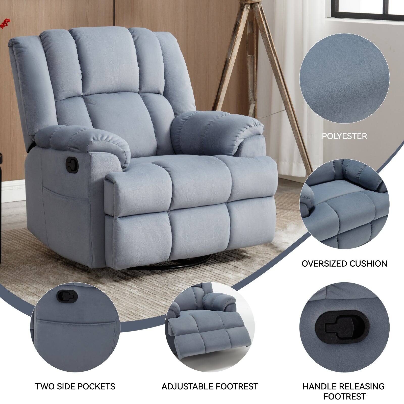 POLYESTER, OVERSIZED CUSHION, TWO SIDE POCKETS, ADJUSTABLE FOOTREST, HANDLE RELEASING FOOTREST