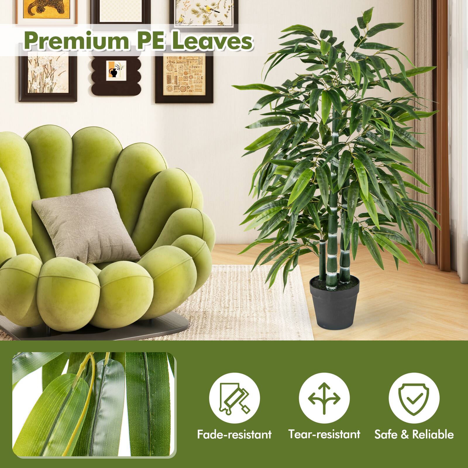Premium PE Leaves

Fade-resistant  
Tear-resistant  
Safe & Reliable