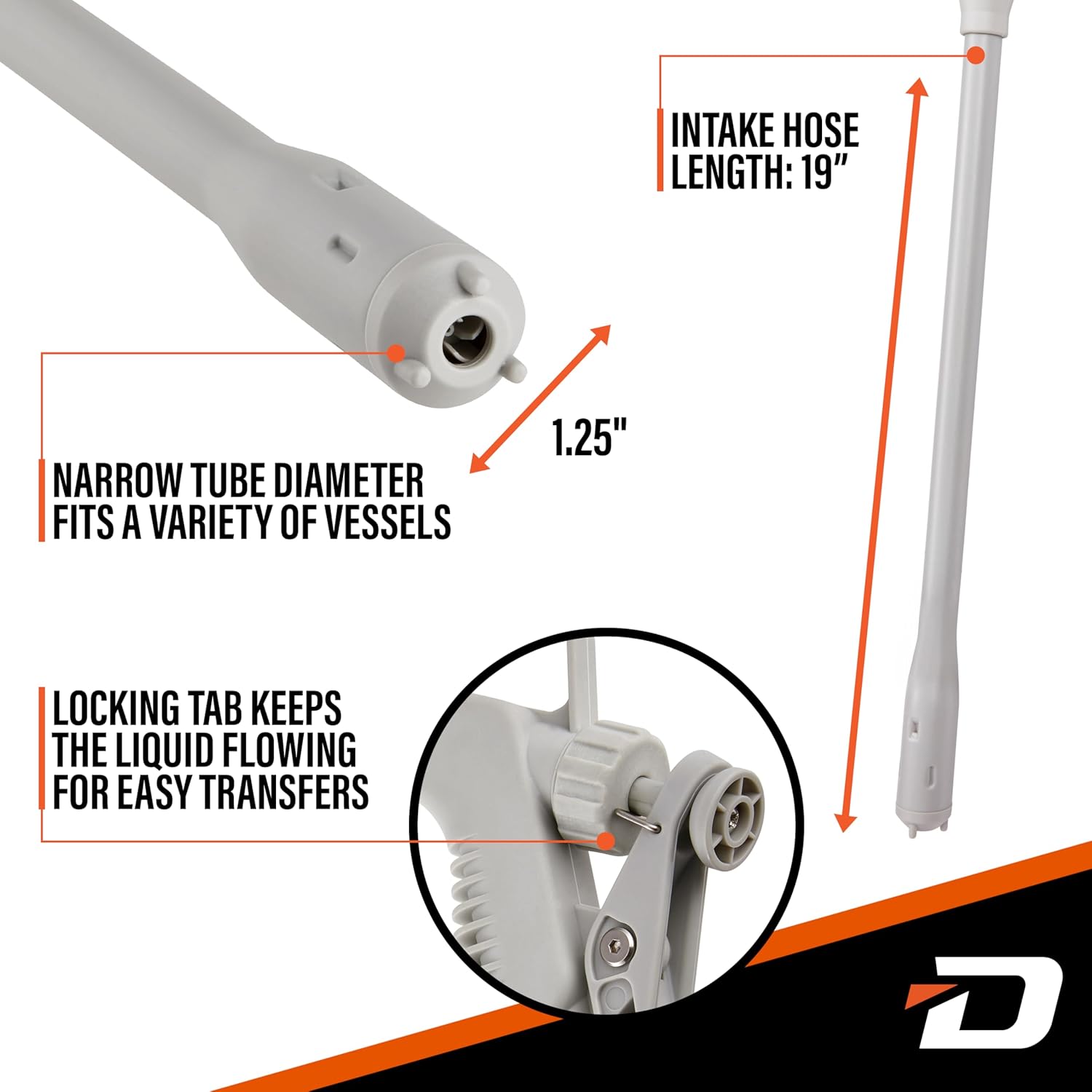 INTAKE HOSE LENGTH: 19"  
NARROW TUBE DIAMETER FITS A VARIETY OF VESSELS  
1.25" LOCKING TAB KEEPS THE LIQUID FLOWING FOR EASY TRANSFERS