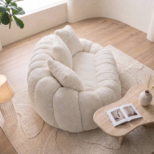 Left. Anysun - Floral-Shaped Sofa – Ultra-Soft Faux Fur Sofa, Large Living Room Two-Seater Sofa, Two-Person Style - Beige.