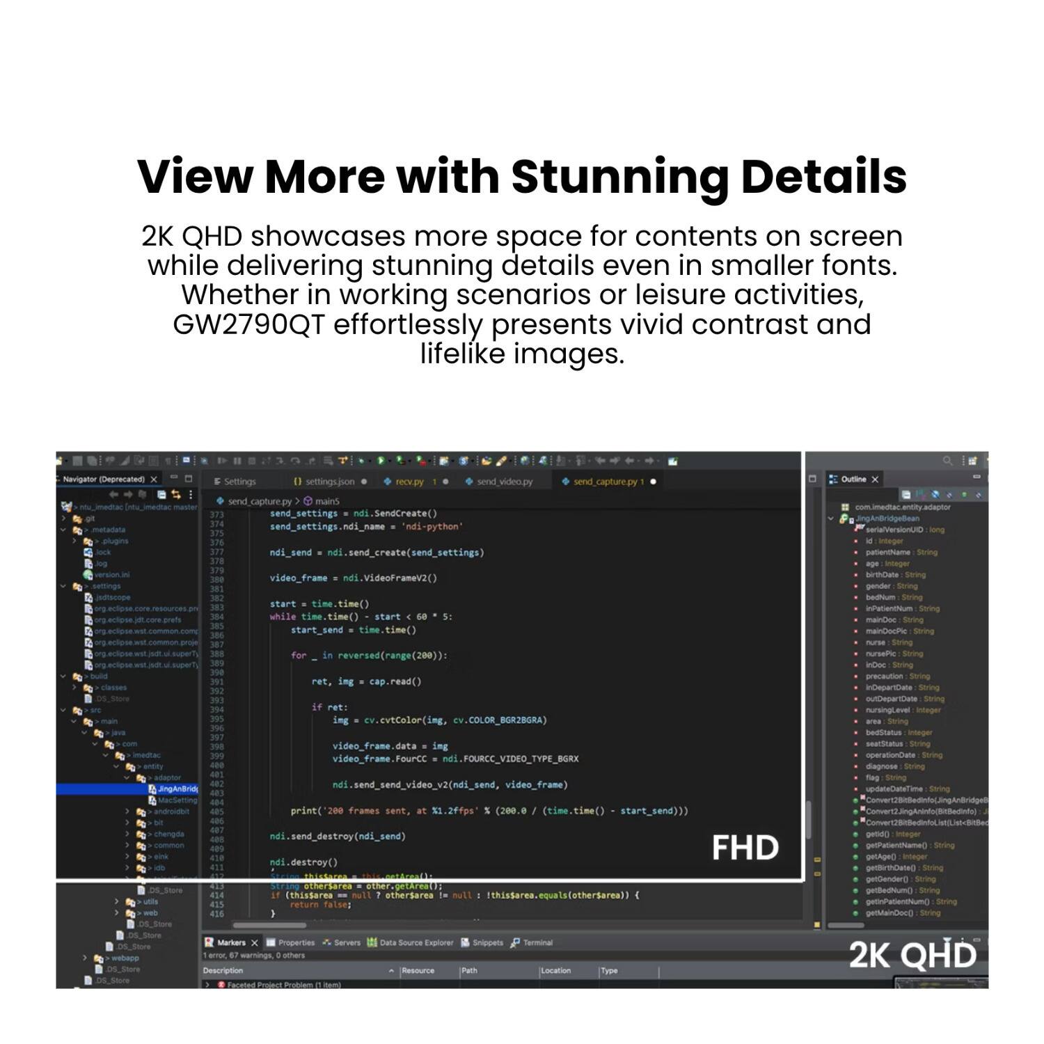 View More with Stunning Details

2K QHD showcases more space for contents on screen while delivering stunning details even in smaller fonts. Whether in working scenarios or leisure activities, GW2790QT effortlessly presents vivid contrast and lifelike images.

Navigator (Deprecated) settings.json send_video.py send_capture.py

send_settings = ndi.SendCreate()
send_settings.ndi_name = "ndi-python"
ndi_send = ndi.SendCreate(send_settings)

start_time = time.time()
start_send = time.time()

while True:
    ret, img = cap.read()
    if ret:
        img = cv.cvtColor(img, cv.COLOR_BGR2BGRA)
        video_frame = ndi.VideoFrameV2()
        video_frame.data = img
        video_frame.FourCC = ndi.FOURCC_VIDEO_TYPE_BGRX
        video_frame.width = img.shape[1]
        video_frame.height = img.shape[0]
        video_frame.time = (time.time() - start_send)
        video_frame.is_key_frame = True
        video_frame.is_last = False
        video_frame.is_discontinuity = False
        video_frame.is_sync = False
        video_frame.is_synced = False
        video_frame.is_synced = False
       