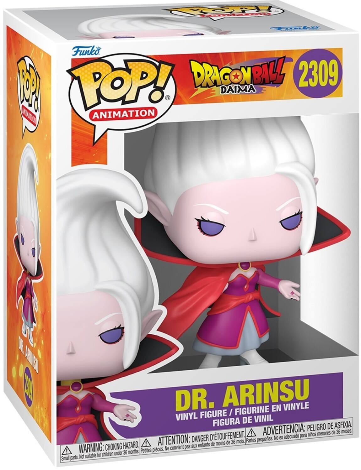 Funko POP! Animation DRAGON BALL 2309 DAIMA  
DR. ARINSU VINYL FIGURE / FIGURINE EN VINYLE / FIGURA DE VINIL  
ADVERTENCIA: PELIGRO DE ASFIXIA.  
ATTENTION: DANGER D'ÉTOUFFEMENT.  
WARNING: CHOKING HAZARD.  
Not suitable for children under 36 months.  
Petites pièces. Ne convient pas aux enfants de moins de 36 mois.