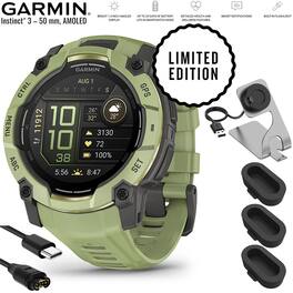 Garmin - Instinct 3 GPS Smartwatch 50 mm AMOLED + Charging Dock & Extra Cable Bundle - Fern Green with Fern Green Band - (2026)