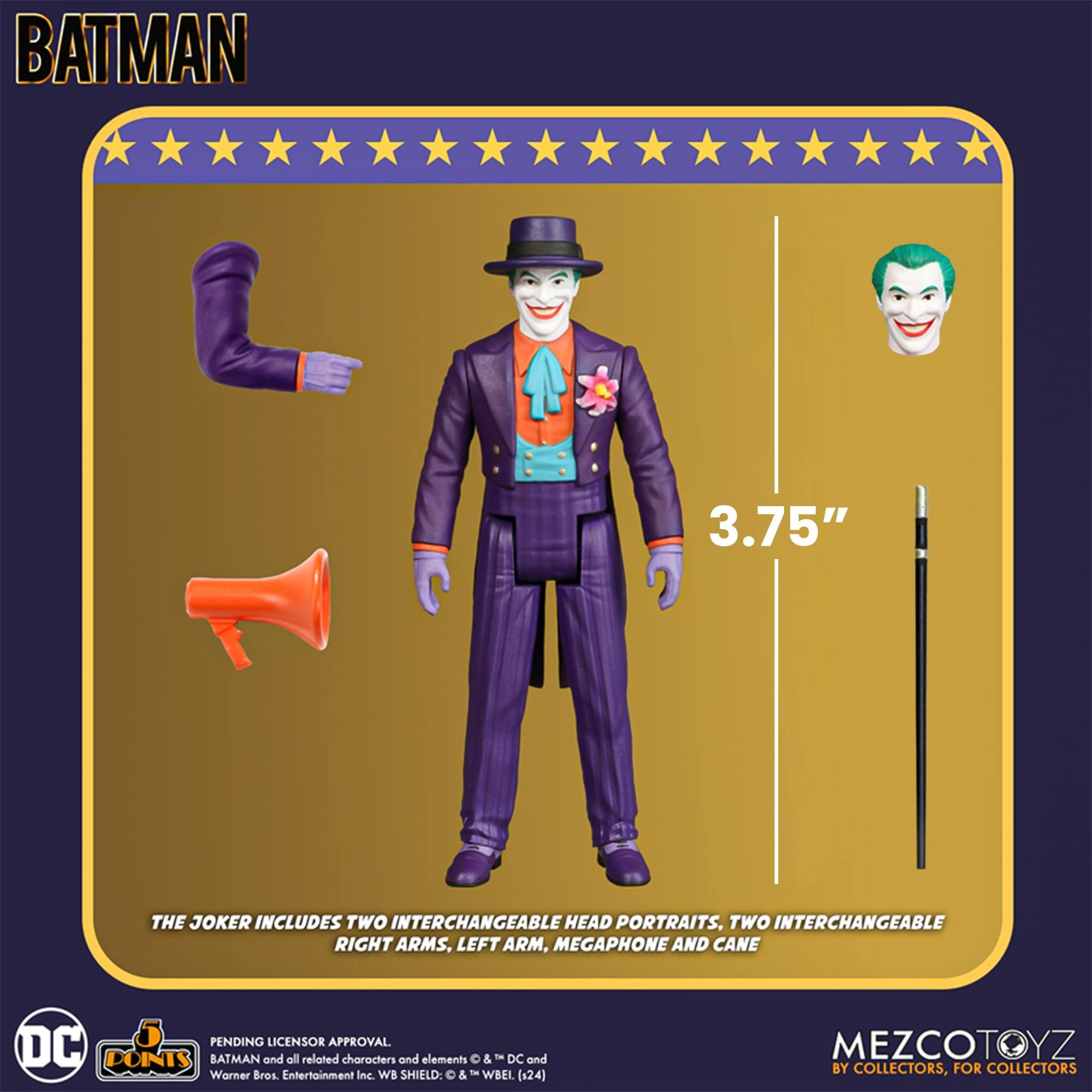 BATMAN 3.75" THE JOKER INCLUDES TWO INTERCHANGEABLE HEAD PORTRAITS, TWO INTERCHANGEABLE RIGHT ARMS, LEFT ARM, MEGAPHONE AND CANE PENDING LICENSOR APPROVAL DC DO NOT BATMAN and all related characters and elements & - DC and Warner Bros. Entertainment Inc. WB SHIELD: & - WBEL (124) MEZCOTOYZ BY COLLECTORS, FOR COLLECTORS