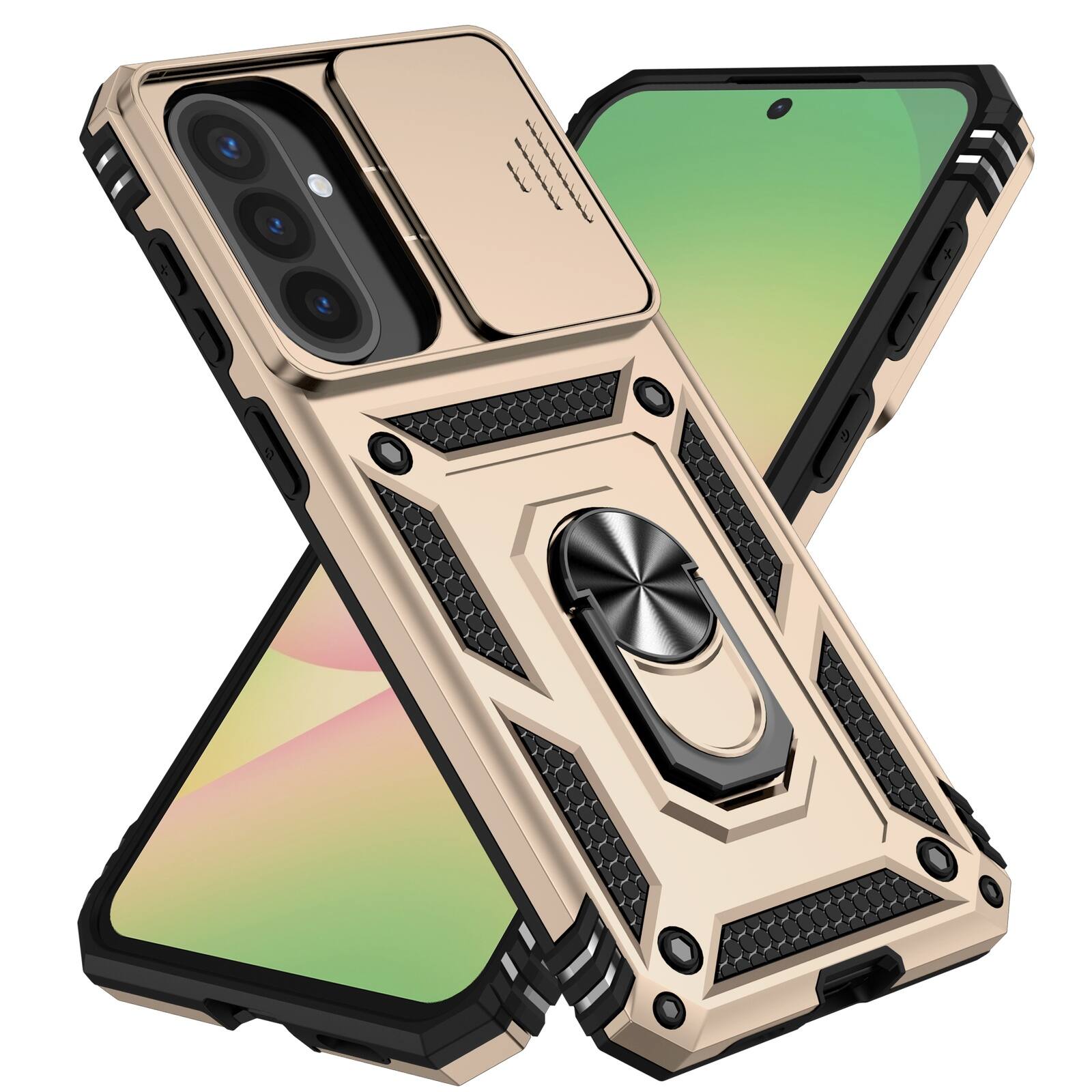 Front. UUCOVER - Rugged Protective Case for Samsung Galaxy A57 5G ,Shockproof TPU+PC Case Slide Camera Cover Ring Holder Stand Cover - Gold.