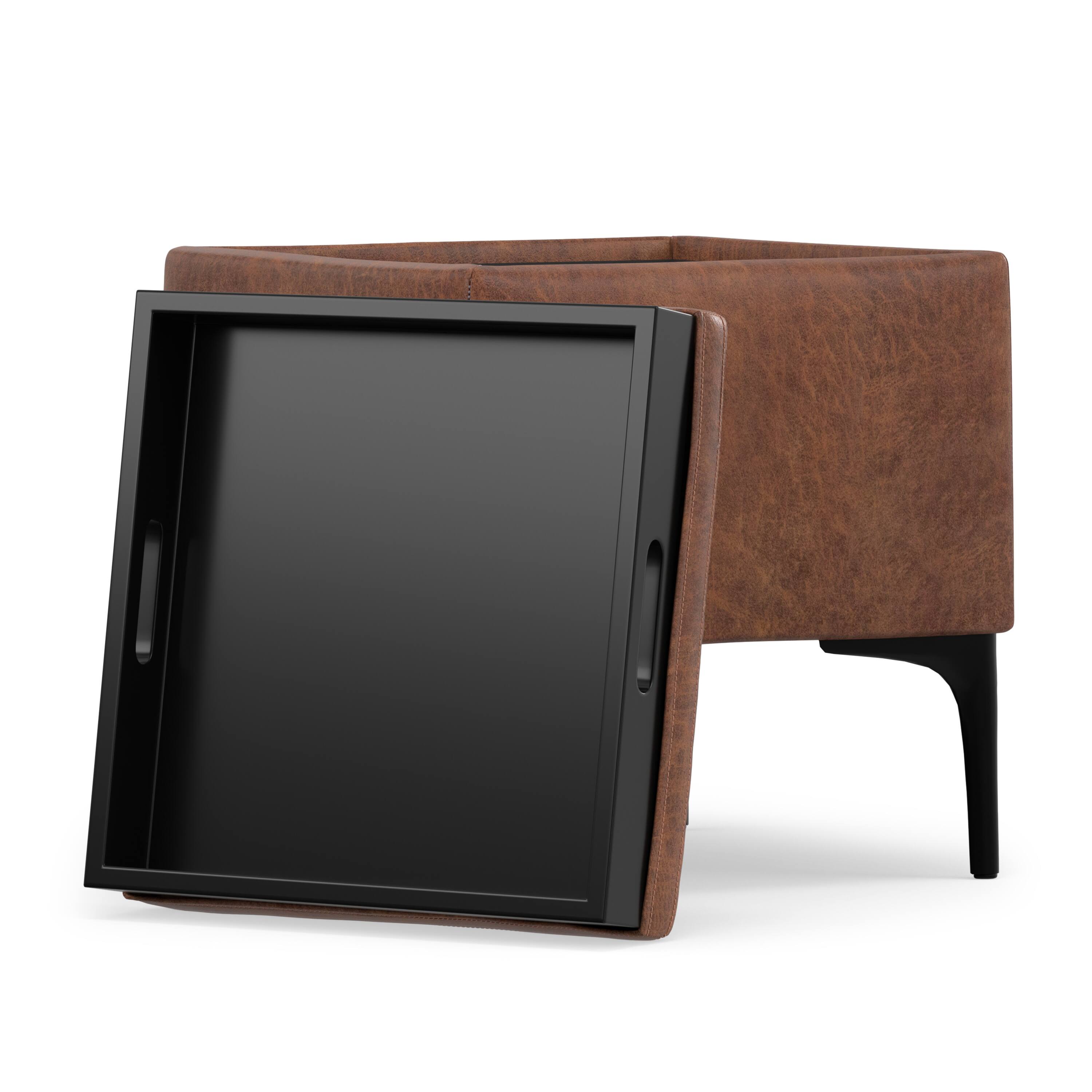 Back. Simpli Home - Natasha 18 inch Square Mid Century Storage Ottoman with Tray in Distressed Saddle Brown  Vegan Faux Leather, Assembled - Distressed Saddle Brown.