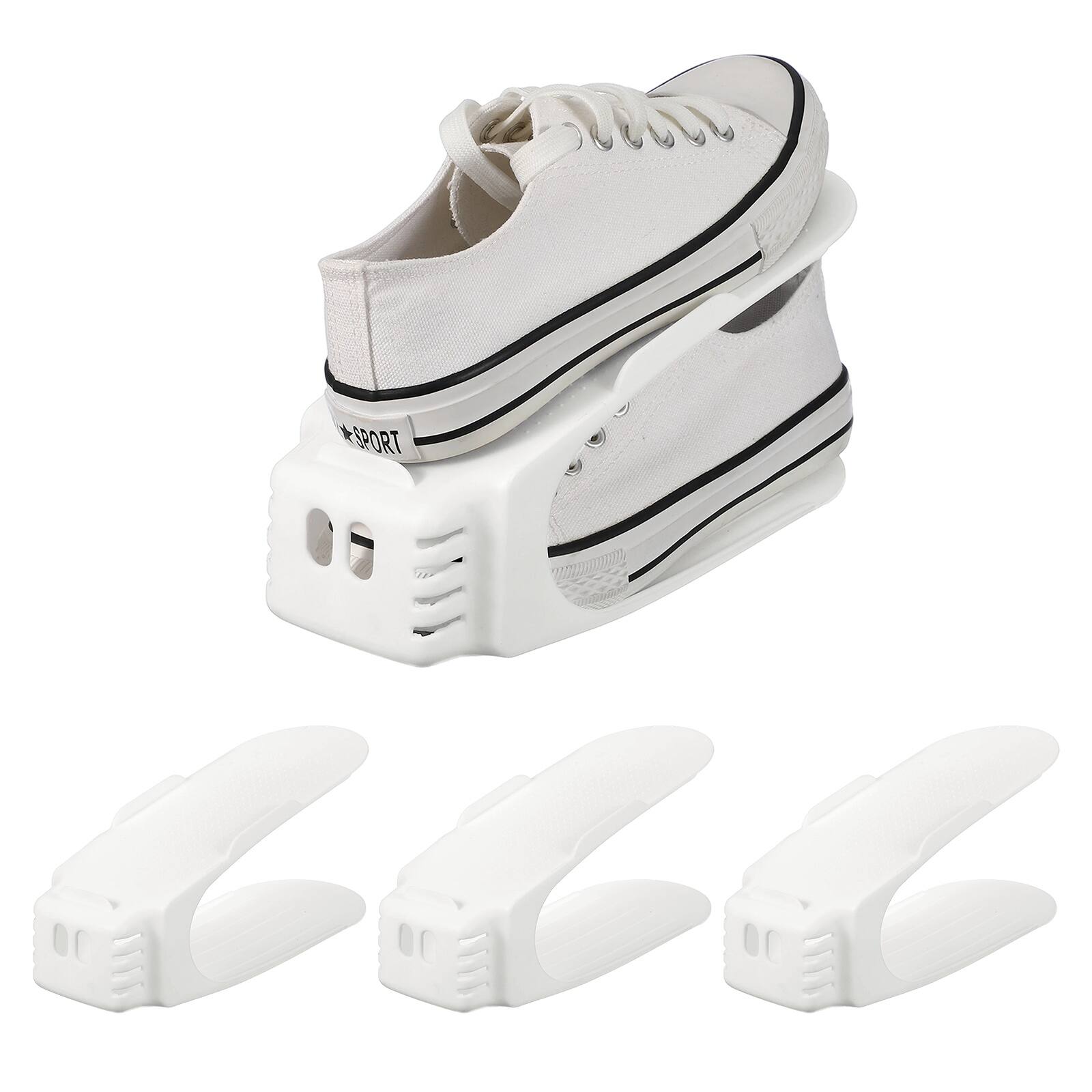 Front. Unique Bargains - Shoe Slot Organizer 4pcs, 10.2x3.9x5.1 Inch Shoe Stacker Double Layer 50% Space Saver for Storage Closet Rack - White.