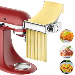 Gvode - 3-in-1 Pasta Attachment for KitchenAid Stand Mixer, All-Metal Roller & Cutters, Cleaning Brush - Silver