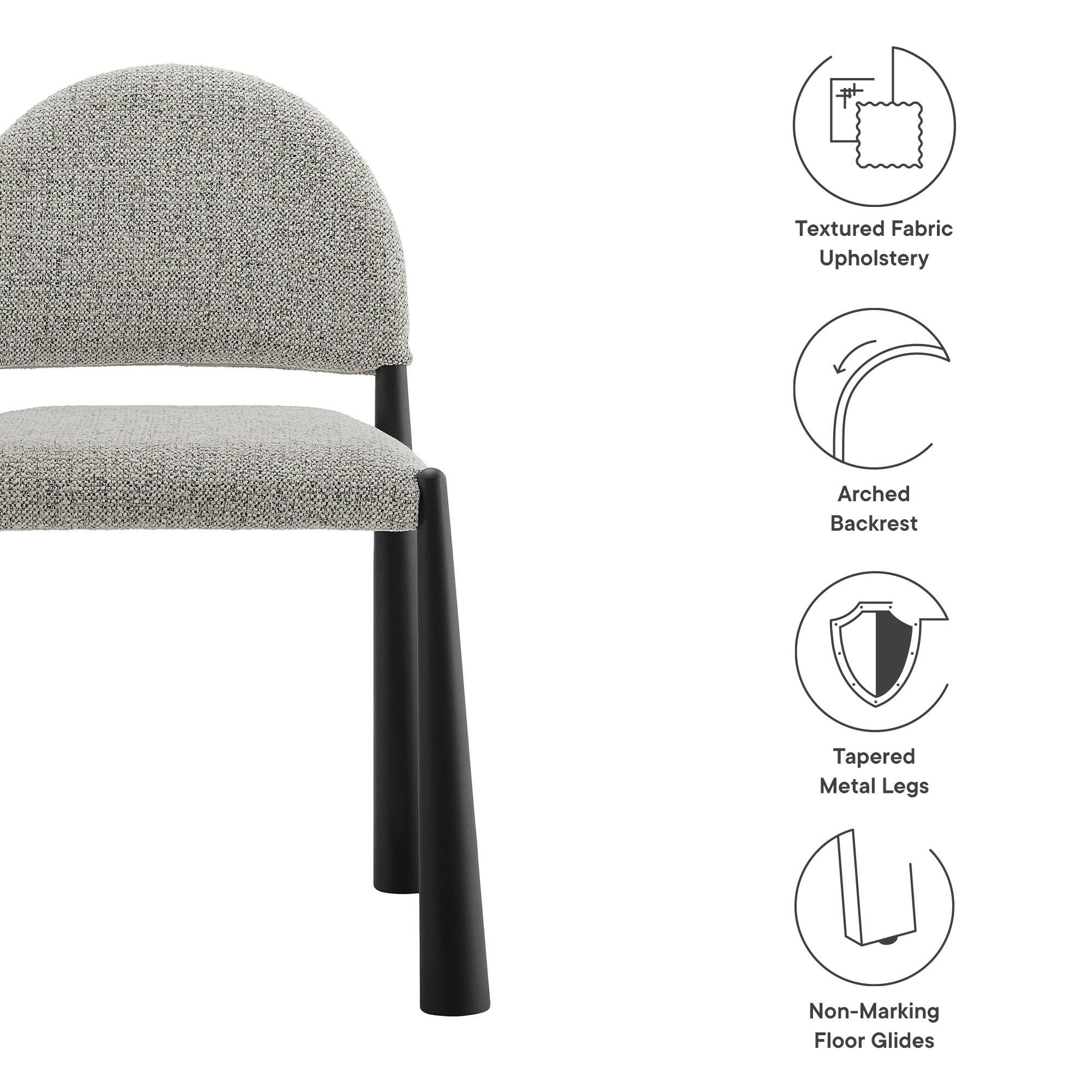 - Textured Fabric Upholstery
- Arched Backrest
- Tapered Metal Legs
- Non-Marking Floor Glides