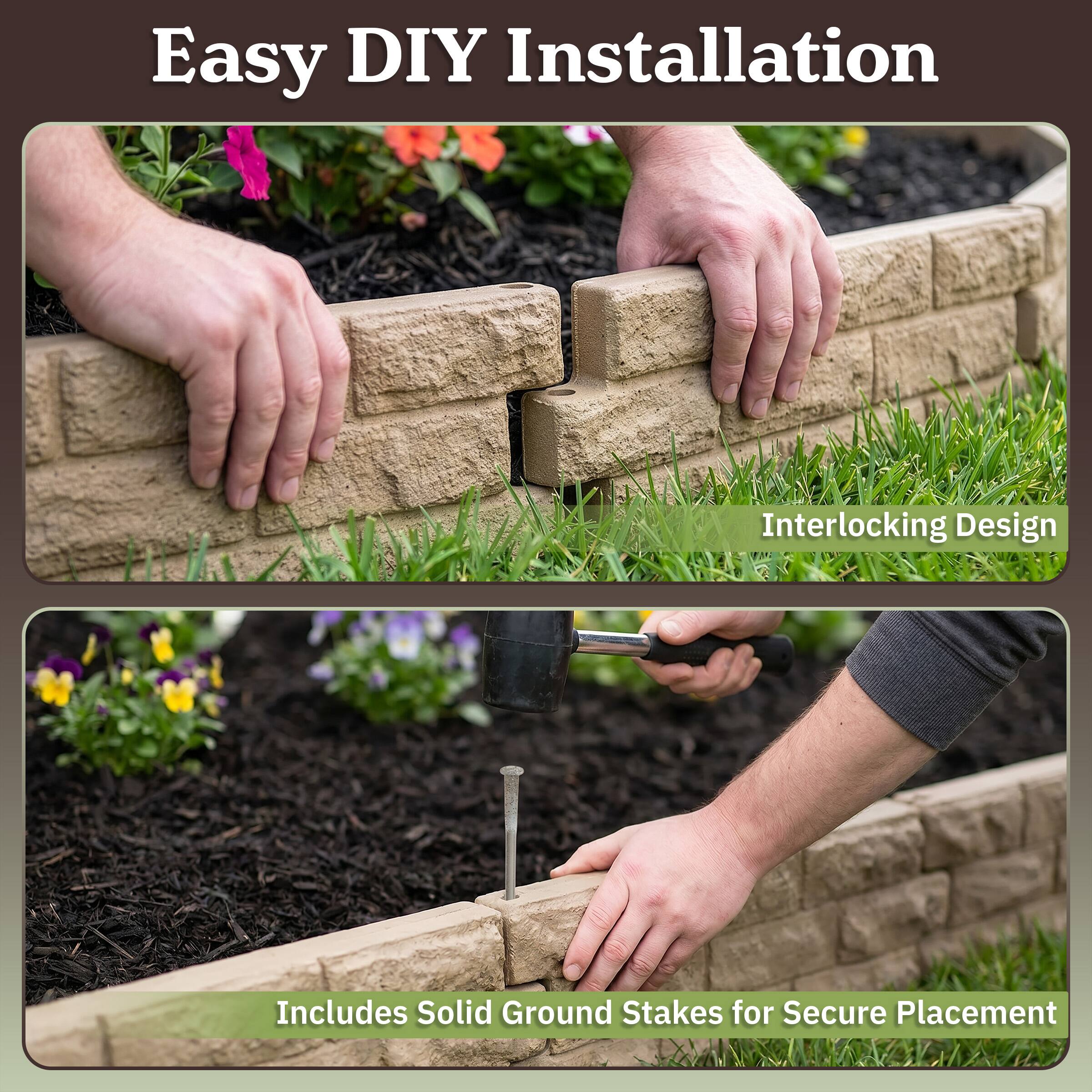 Easy DIY Installation  
Interlocking Design  
Includes Solid Ground Stakes for Secure Placement