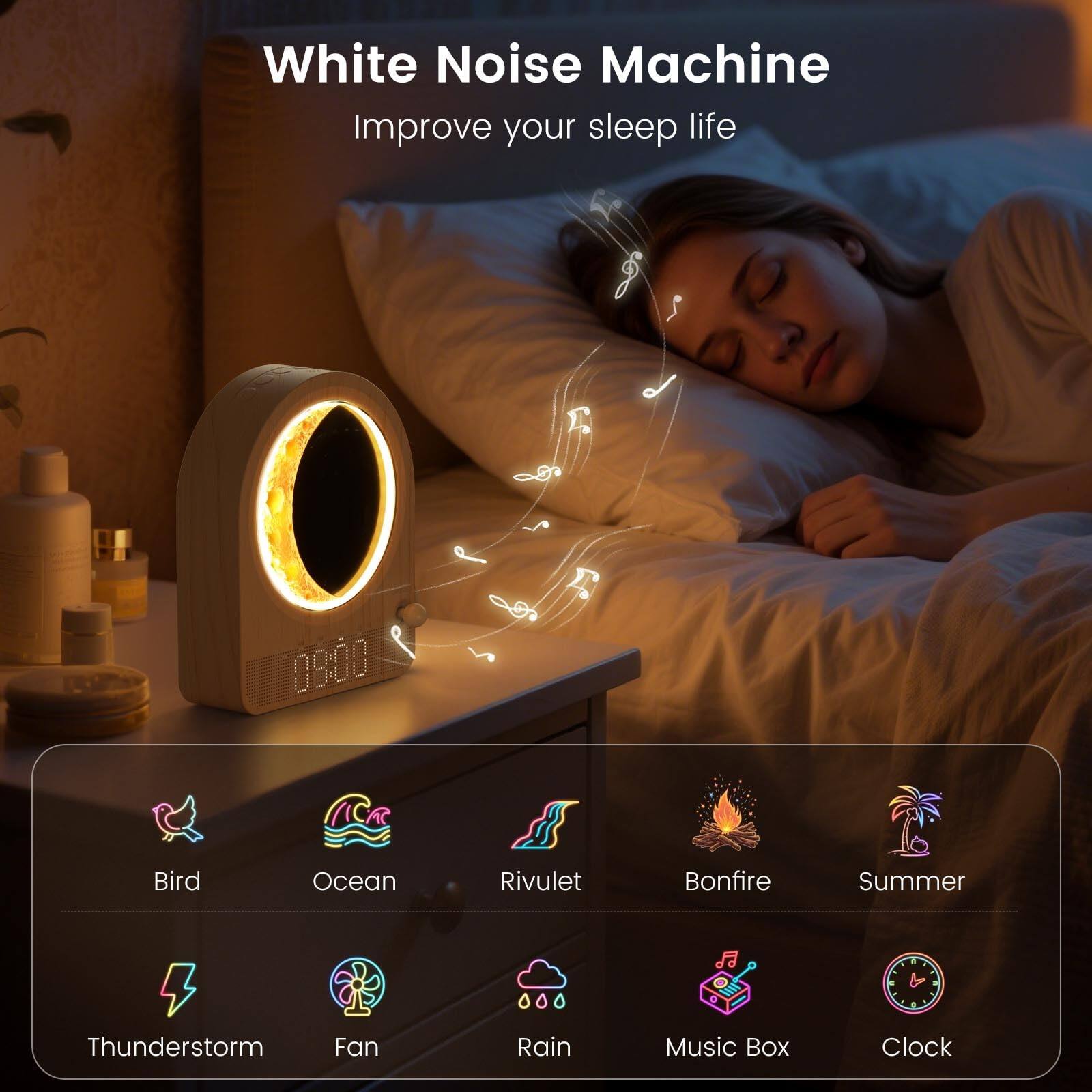 White Noise Machine  
Improve your sleep life  

Bird  
Ocean  
Rivulet  
Bonfire  
Summer  
Thunderstorm  
Fan  
Rain  
Music Box  
Clock