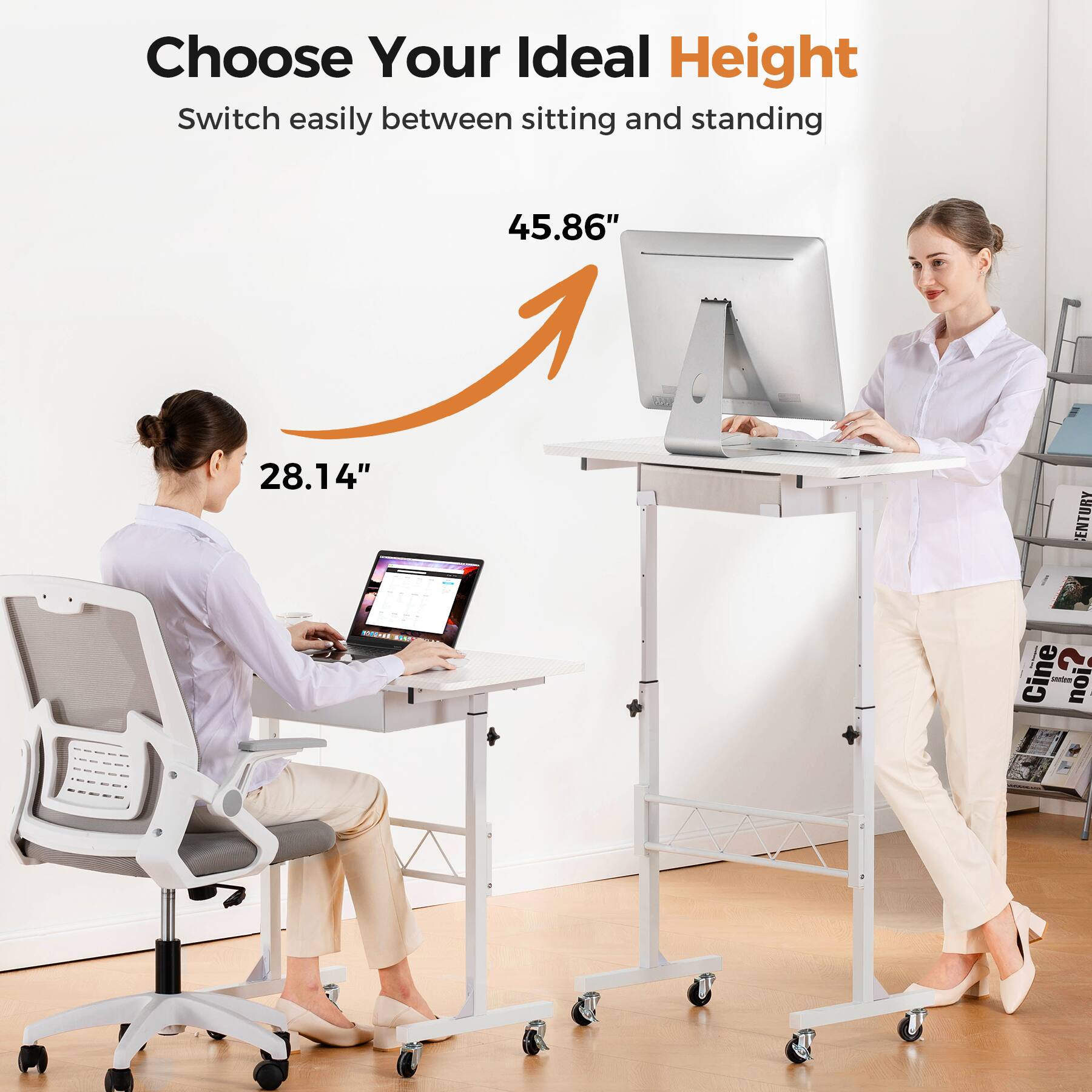 Choose Your Ideal Height, Switch easily between sitting and standing, 45.86", 28.14"