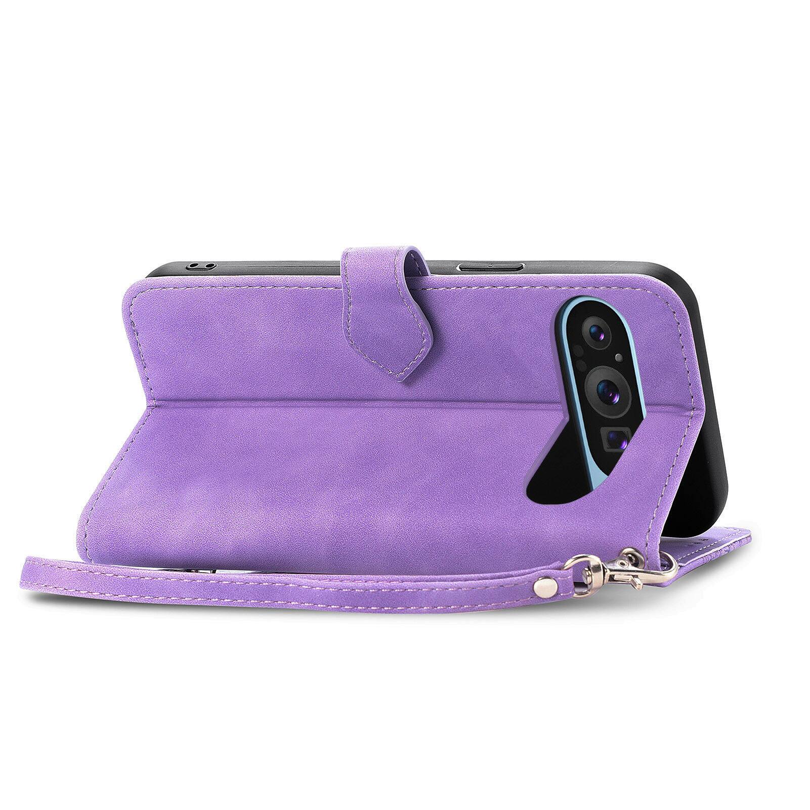Alt View 1. Dteck - for Google Pixel 10 Pro XL/9 Pro XL Wallet Case,Shockproof PU Leather Card Holder Cover with Zipper Pocket & Wrist Strap - Purple.