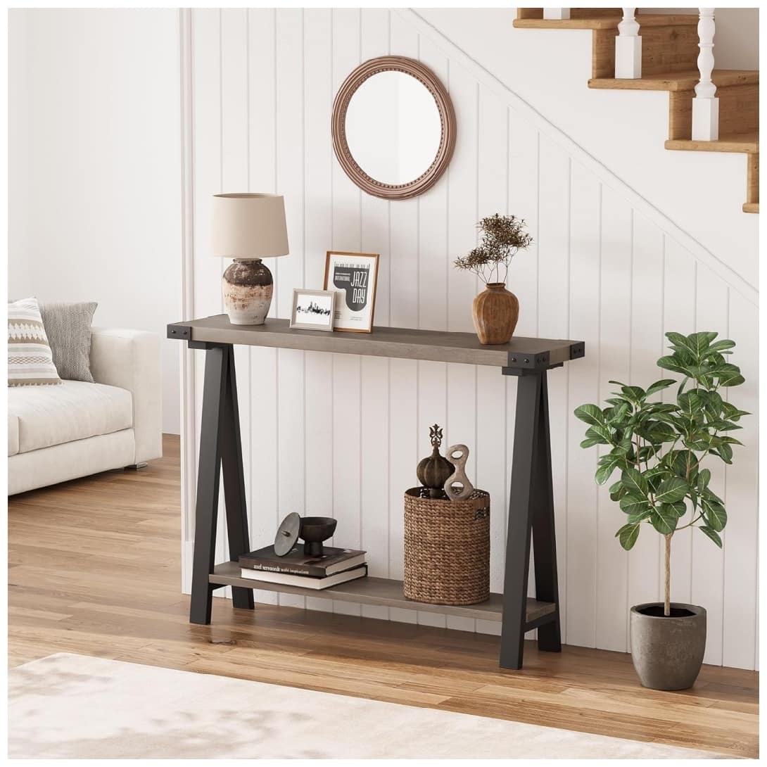 Qeetex - Farmhouse Console Table Entryway Table with Storage, 2 Tier Sofa Table with Metal Frame - Gray
