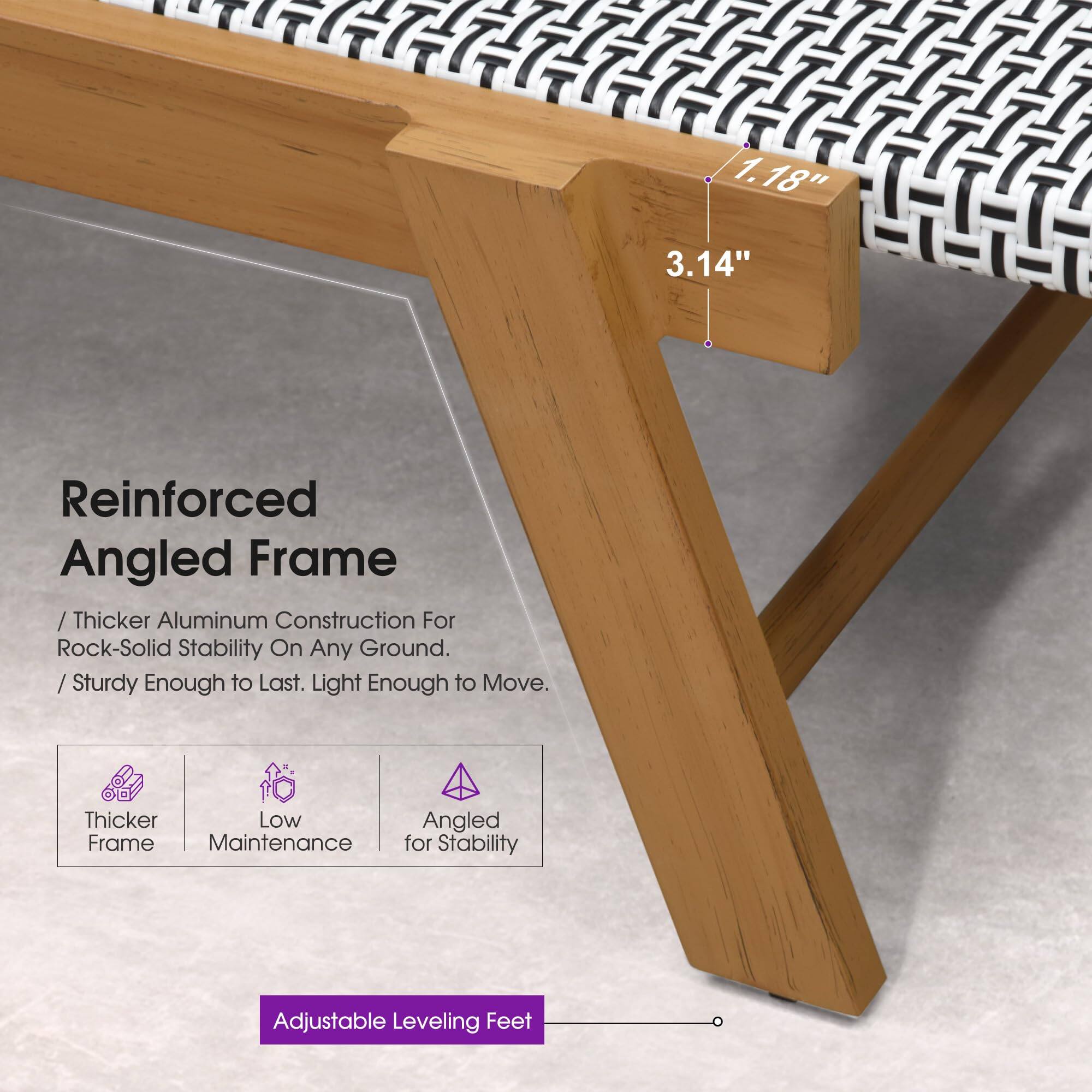 1.18" 3.14" Reinforced Angled Frame / Thicker Aluminum Construction For Rock-Solid Stability On Any Ground. / Sturdy Enough to Last. Light Enough to Move. Thicker Low Frame Maintenance Angled for Stability Adjustable Leveling Feet