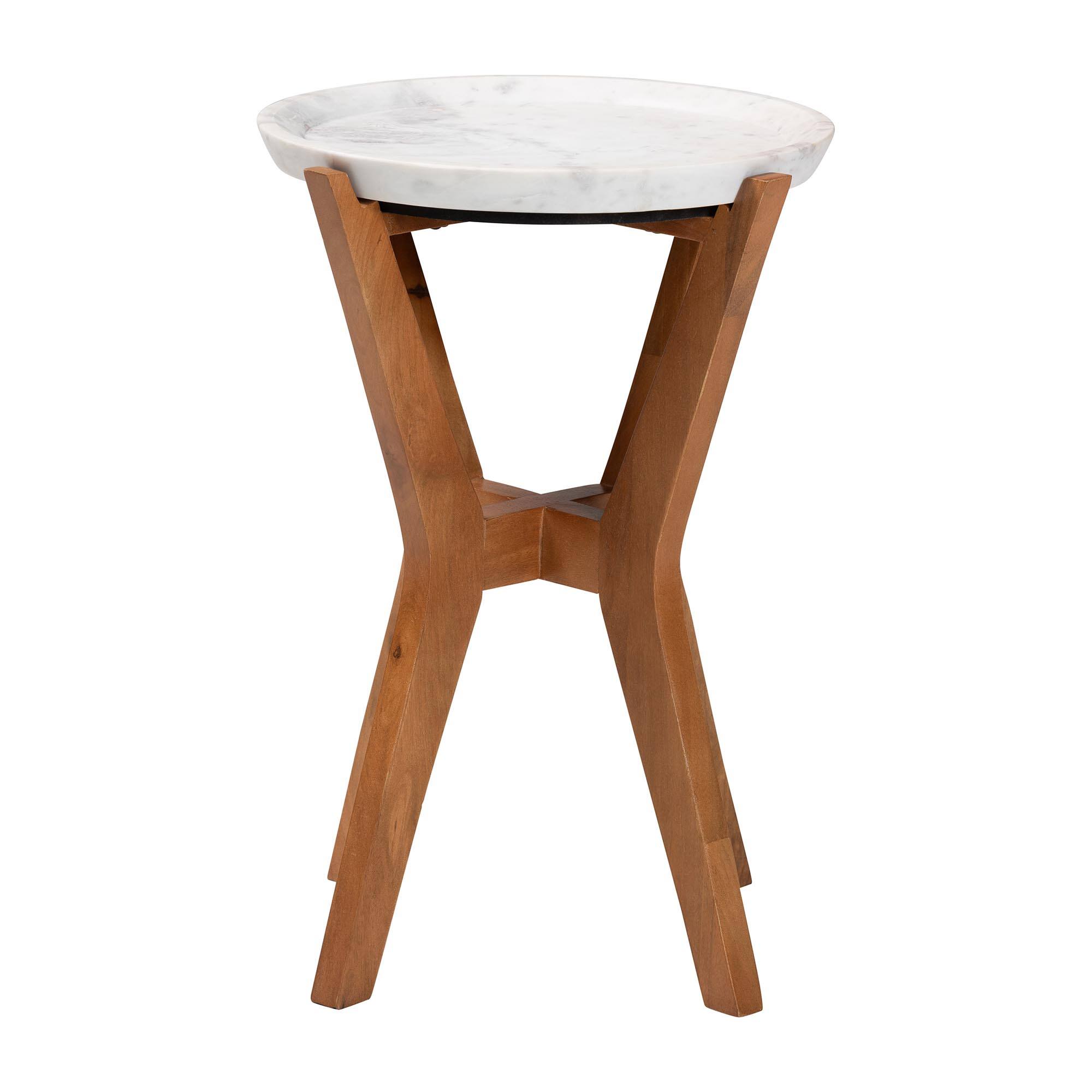 Angle. Baxton Studio - Phaedra Round Marble End Table - Modern Accent Table with Mango Wood Frame and Tray Tabletop - Marble White/Walnut Brown.