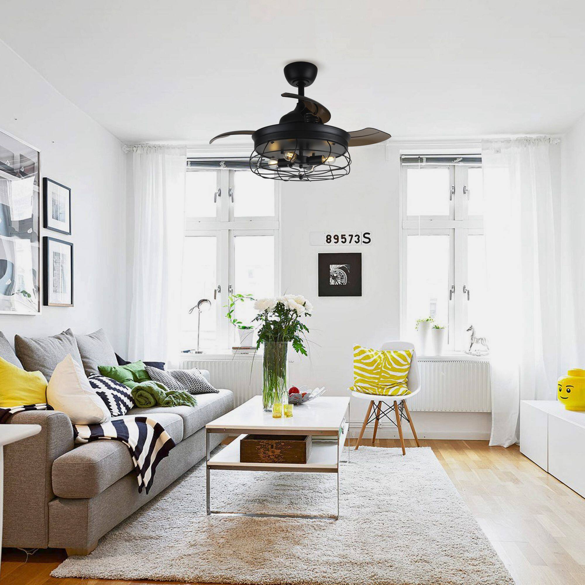 Angle. Parrot Uncle - 36" Retractable 3-Blade Ceiling Fan with Light Kit - Matte Black.