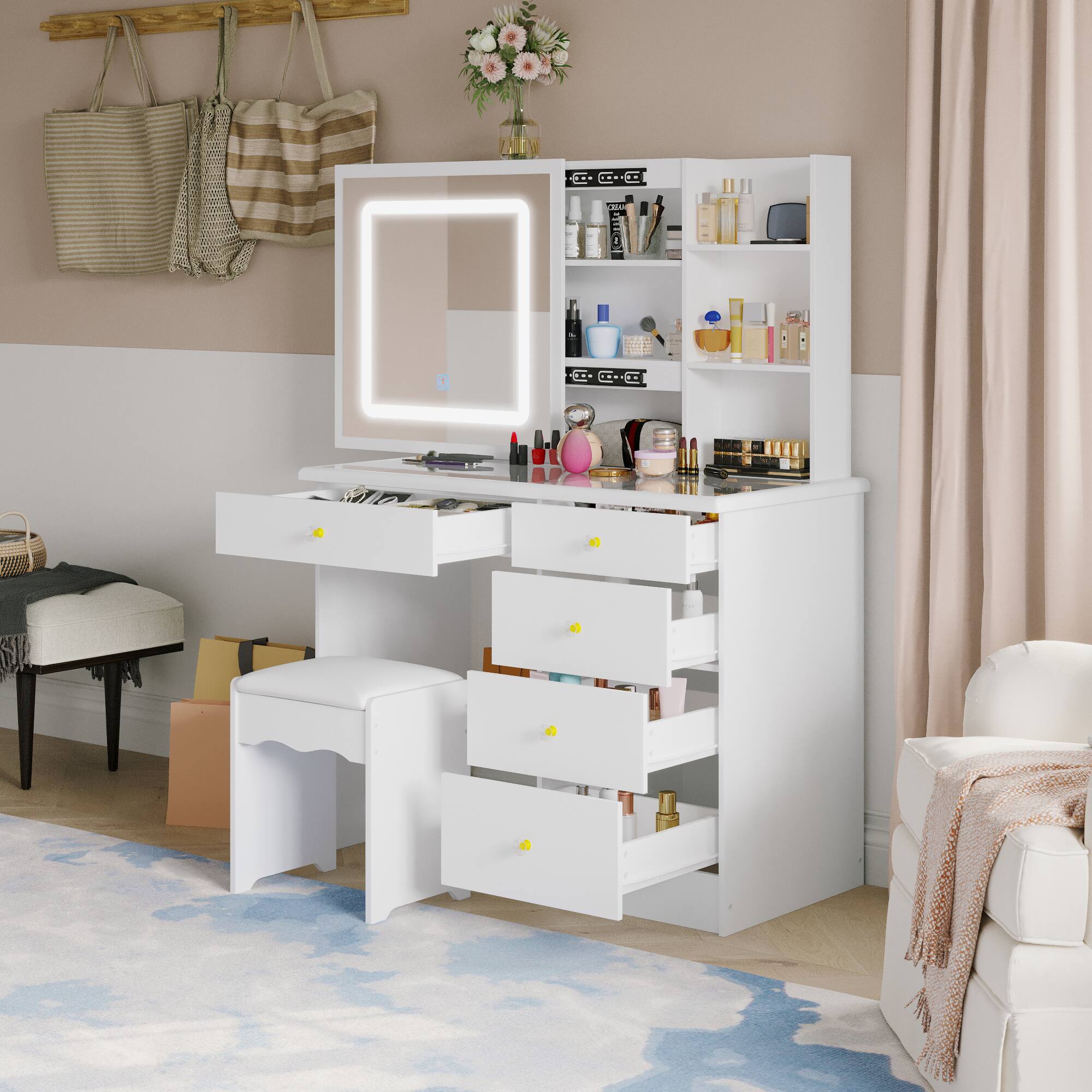 Alt View 1. Famapy - Vanity Set with 3-Color LED Mirror & Tempered Glass Top, Makeup Table with Stool and Ample Storage - White.