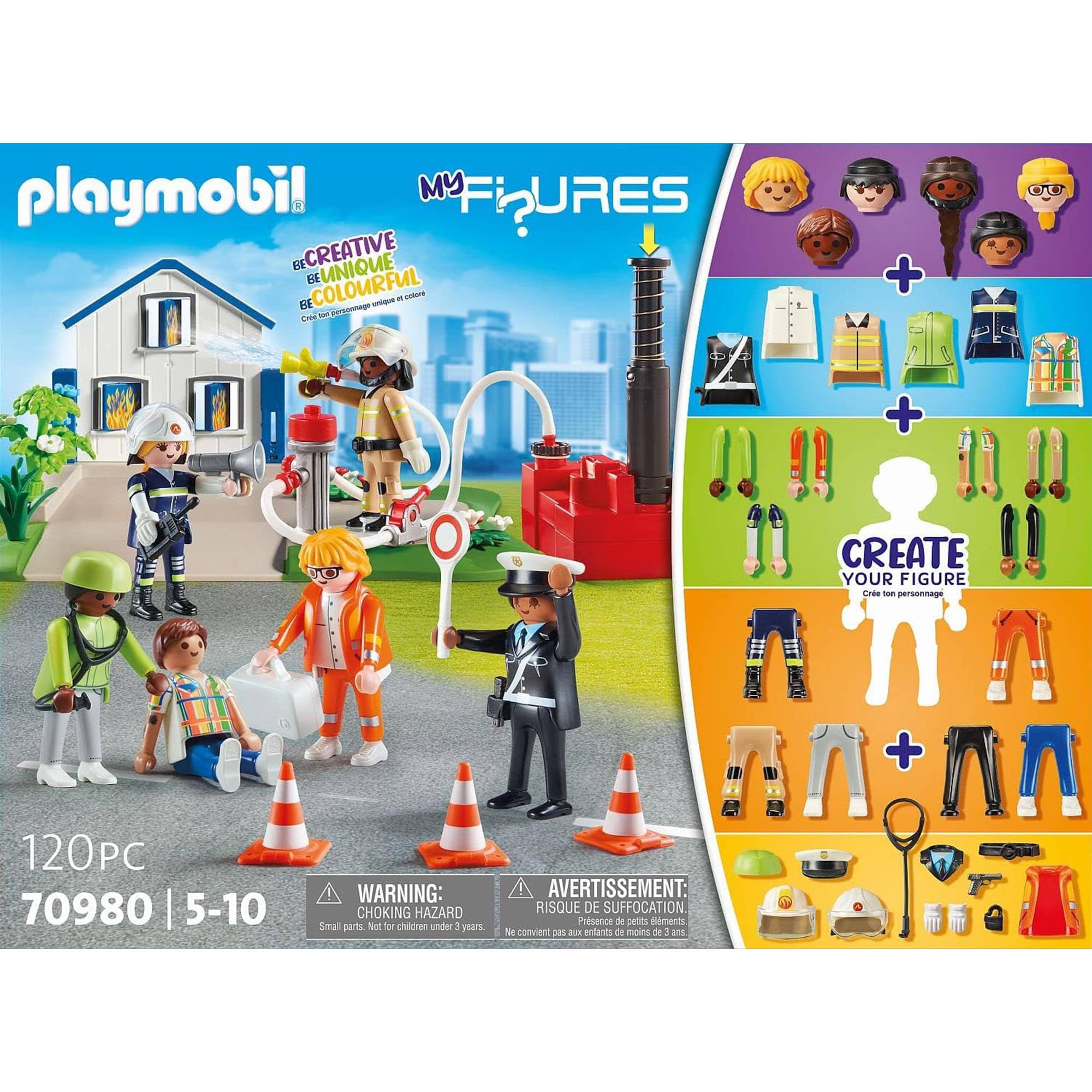 playmobil  
MY FIGURES

BE CREATIVE  
BE UNIQUE  
BE COLOURFUL

Créez votre personnages  
Creez votre personnages  
Crea tu personaje

120PC  
70980 | 5-10

WARNING: CHOKING HAZARD  
Small parts. Not for children under 3 years

AVERTISSEMENT:  
RISQUE DE SUFFOCATION  
Présence de petits éléments. Ne convient pas aux enfants de moins de 3 ans

CREATE YOUR FIGURE  
Creez votre personnages  
Crea tu personaje
