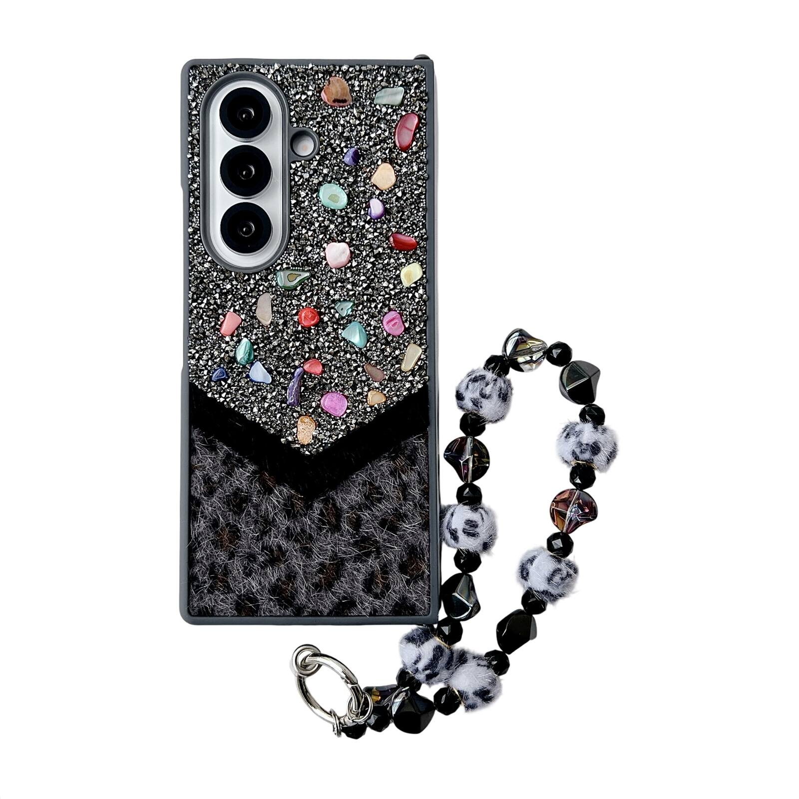 Angle. Dteck - Shockproof Phone Case for Samsung Galaxy Z Fold7 with Beaded Wrist Strap, Glitter Rhinestone Hard PC Protective Cover - Black.