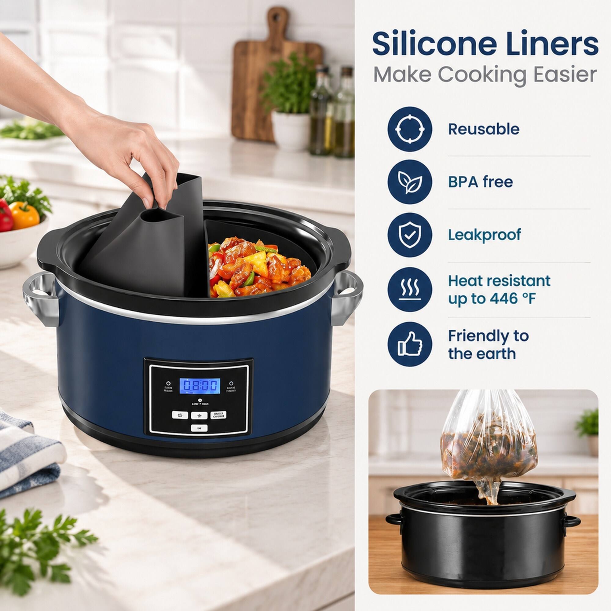 Silicone Liners Make Cooking Easier

Reusable  
BPA free  
Leakproof  
Heat resistant up to 446 °F  
Friendly to the earth