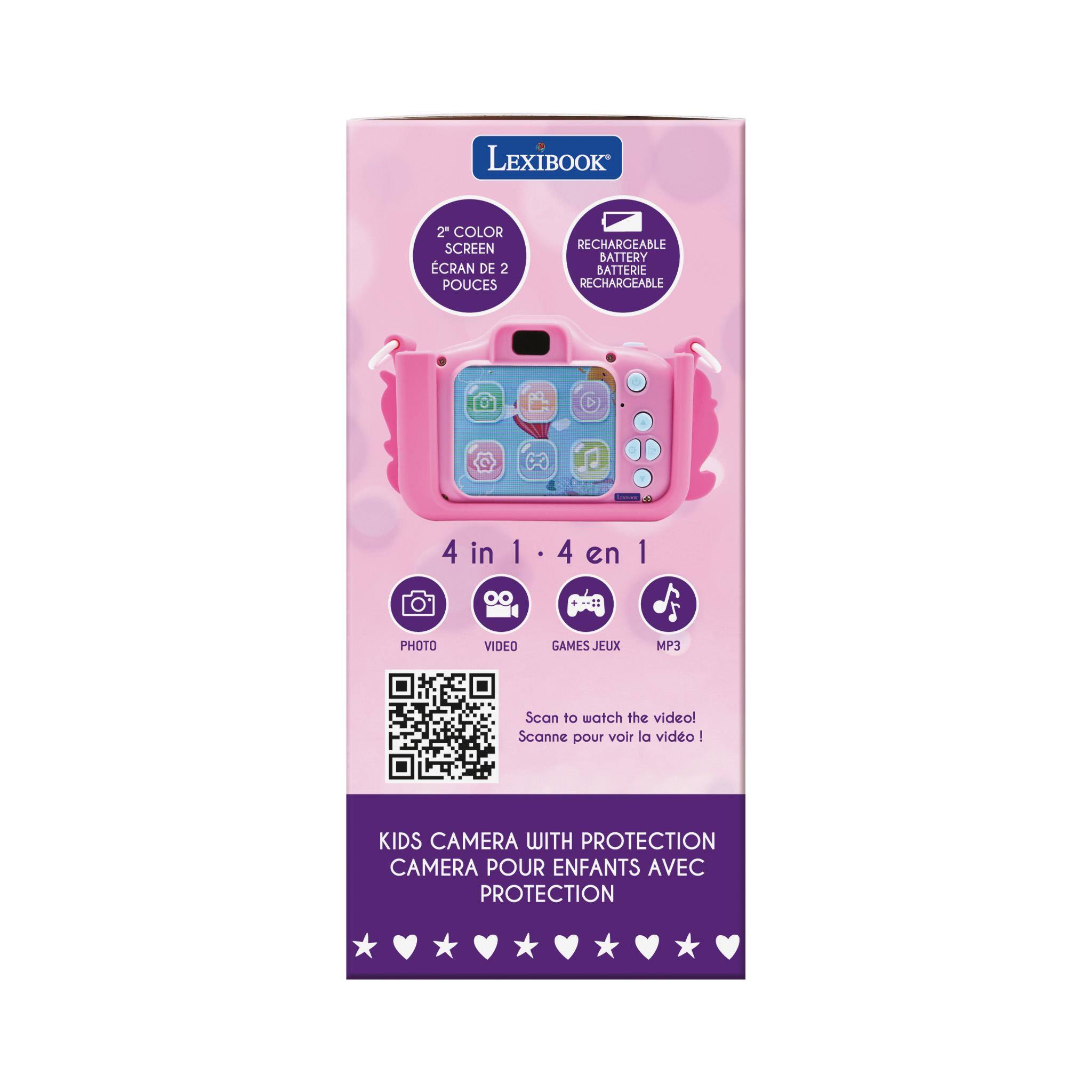 LEXIBOOK 2 COLOR SCREEN ECRAN DE 2 POUCES RECHARGEABLE BATTERY BATTERIE RECHARGEABLE Ce 4 in 1 + 4 en 1 PHOTO VIDEO GAMES JEUX MP3 Scan to watch the video! Scanne pour voir la vidéo! I KIDS CAMERA WITH PROTECTION CAMERA POUR ENFANTS AVEC PROTECTION
