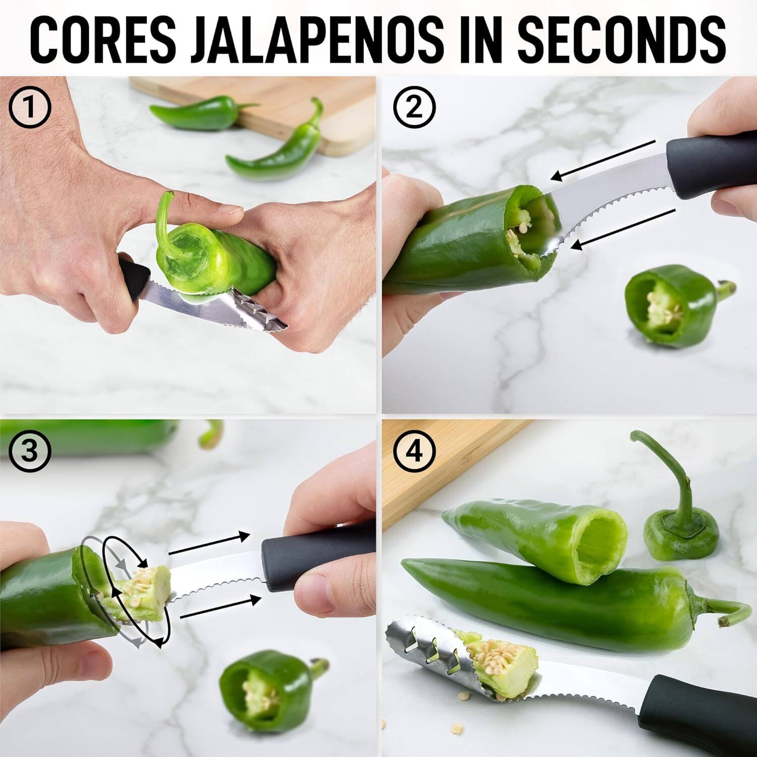 CORES JALAPENOS IN SECONDS

1. Cut the jalapeno in half.
2. Use a knife to scrape out the seeds.
3. Continue scraping to remove the remaining seeds.
4. The jalapeno is now cored and ready to use.