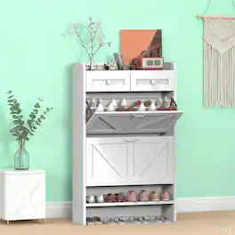 Oumilen - Slim Shoe Cabinet with 2 Flip Drawers and 2 Open Shelves - White