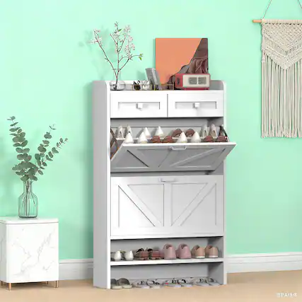 Front. Oumilen - White Slim Shoe Cabinet with 2 Flip Drawers and 2 Open Shelves - White.