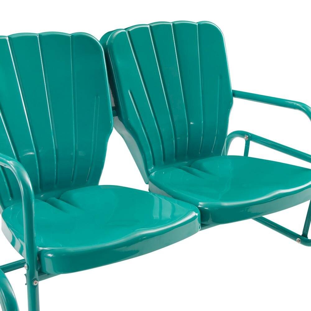 Left. Outdoor Escape - Turquoise Outdoor Loveseat Glider – Retro Furniture Seating for Two People - Turquoise Gloss.
