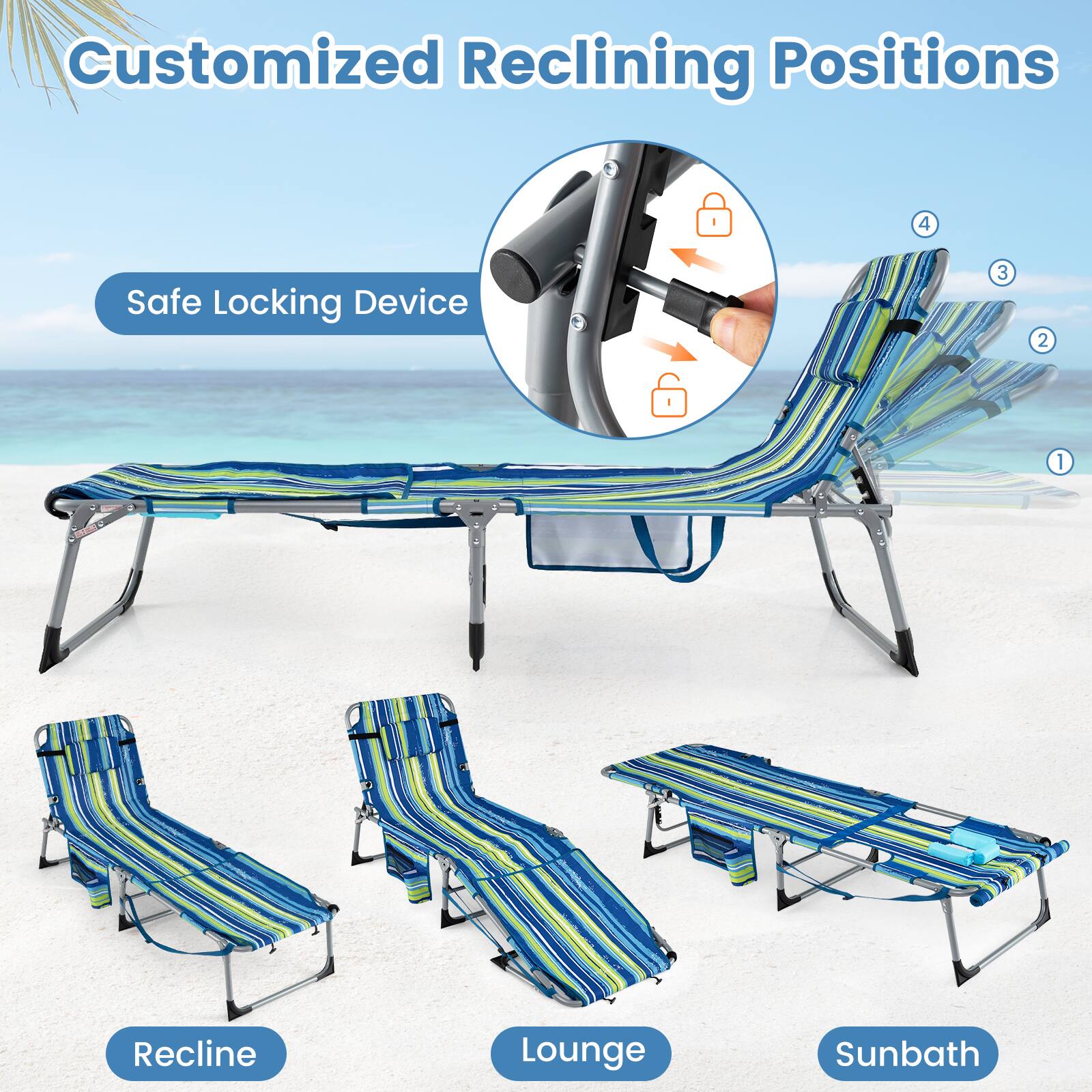 Customized Reclining Positions

Safe Locking Device

1. Recline
2. Lounge
3. Sunbath