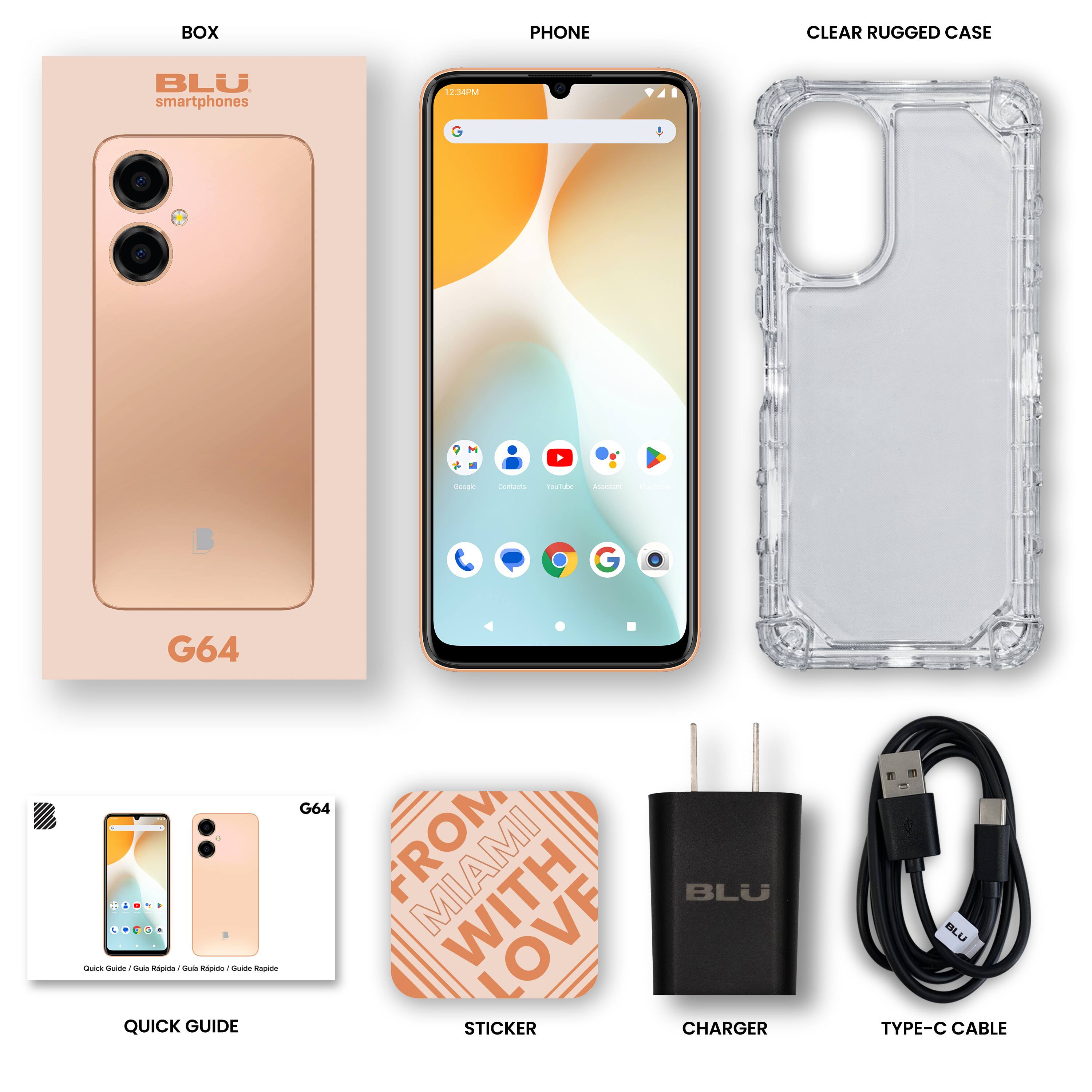 BOX PHONE CLEAR RUGGED CASE BLU smartphones 12-14 - Cotam roclae - ee G64 .AM. - - - - - Sars - Sla - a Paate - Pa QUICK GUIDE G64 FROM WITH STICKER BLU CHARGER BLU TYPE-C CABLE