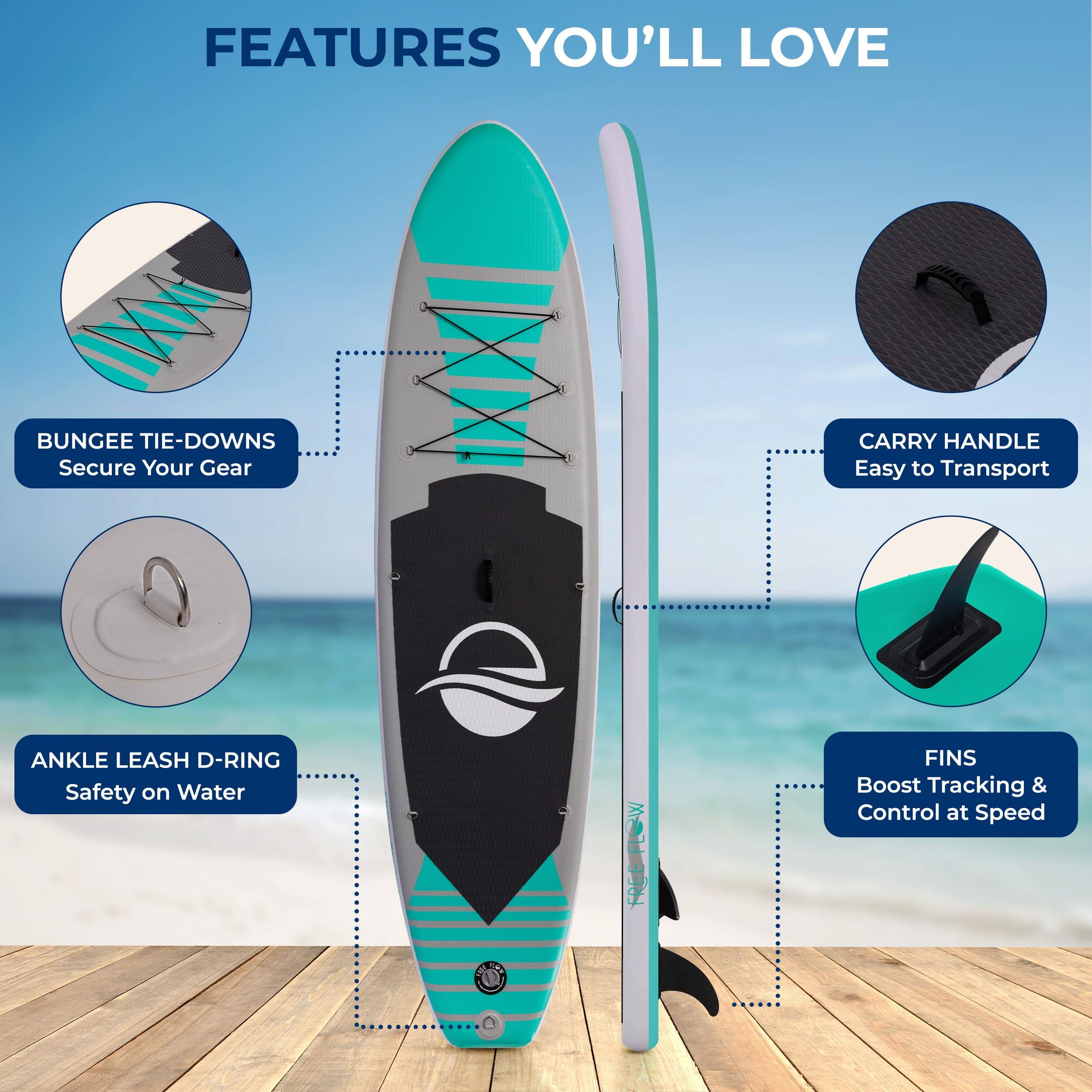 FEATURES YOU'LL LOVE

- BUNGEE TIE-DOWNS Secure Your Gear
- CARRY HANDLE Easy to Transport
- ANKLE LEASH D-RING Safety on Water
- FREEFLOW FINS Boost Tracking & Control at Speed