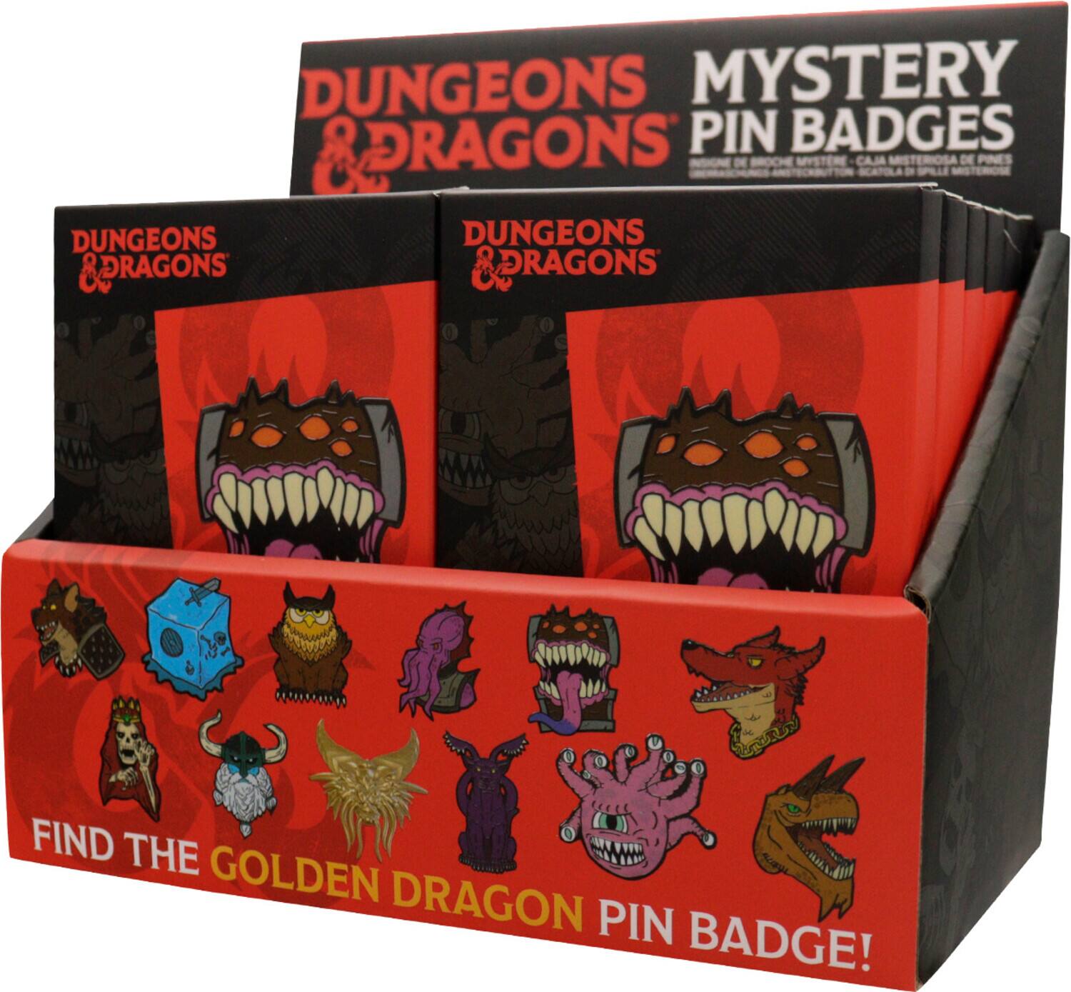 Dungeons & Dragons Mystery Pin Badges  
Insigne de Broche Mystère - Caja Misteriosa de Pines  
Scatola di Pinne Mistiche - Scatola di Spille Mistiche  
Find the Golden Dragon Pin Badge!