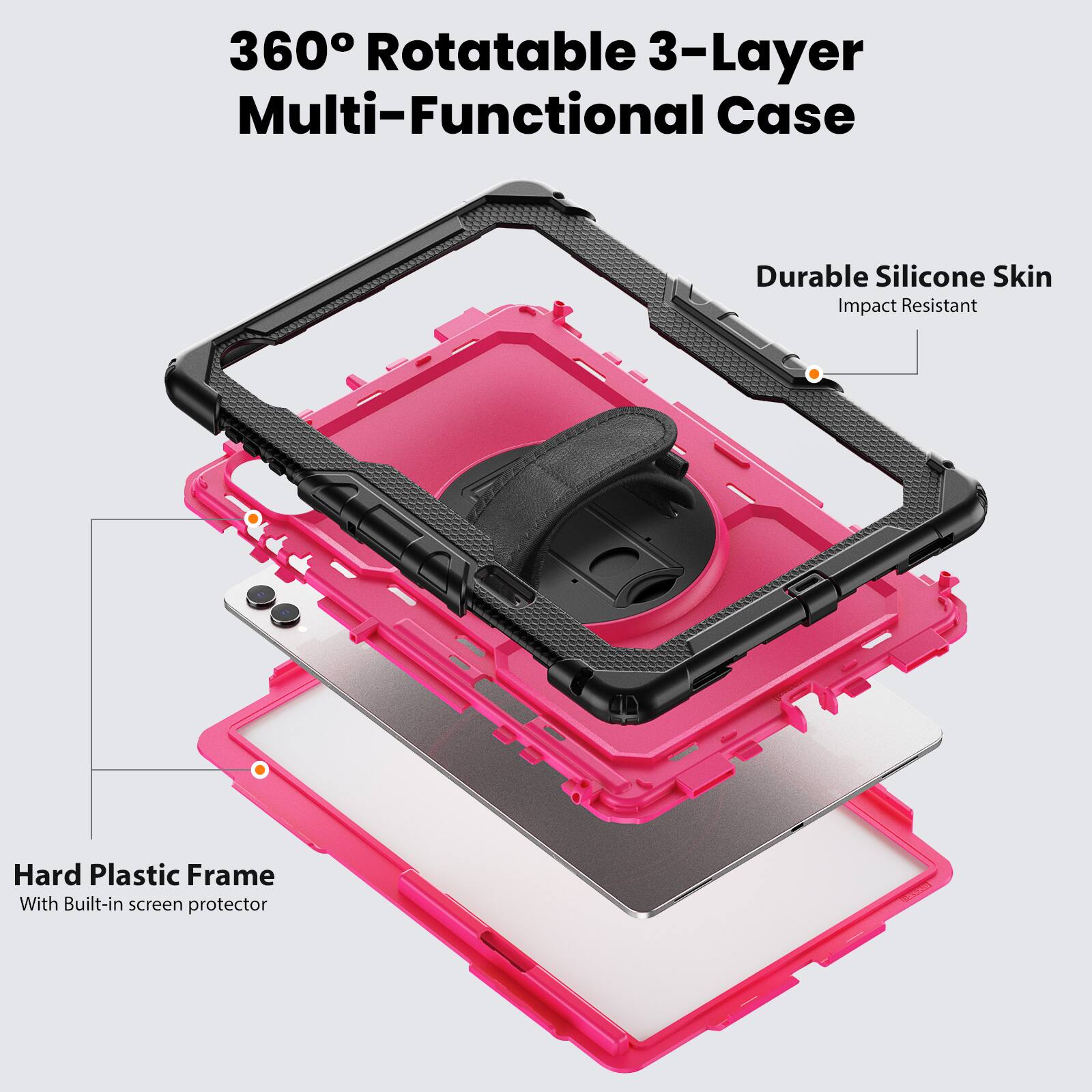 360° Rotatable 3-Layer Multi-Functional Case

Durable Silicone Skin
Impact Resistant

Hard Plastic Frame
With Built-in screen protector