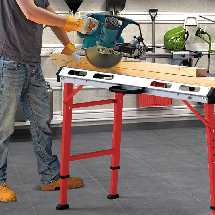 Angle. Mondawe - 42" x 21" Welding Table with Adjustable Height and 2 Bar Clamps - Silver and Red.
