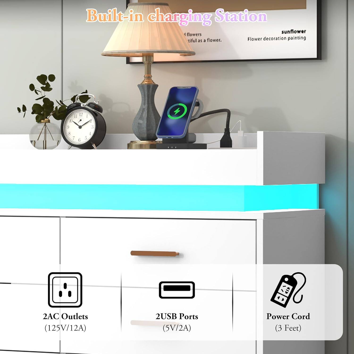 Built-in charging Station sunflower flowers tiful as a flower. Flower decoration painting i 1 I y , e 5 7 6 5 e 3 i 2AC Outlets (125V/12A) 2USB Ports (5V/2A) Power Cord (3 Feet)