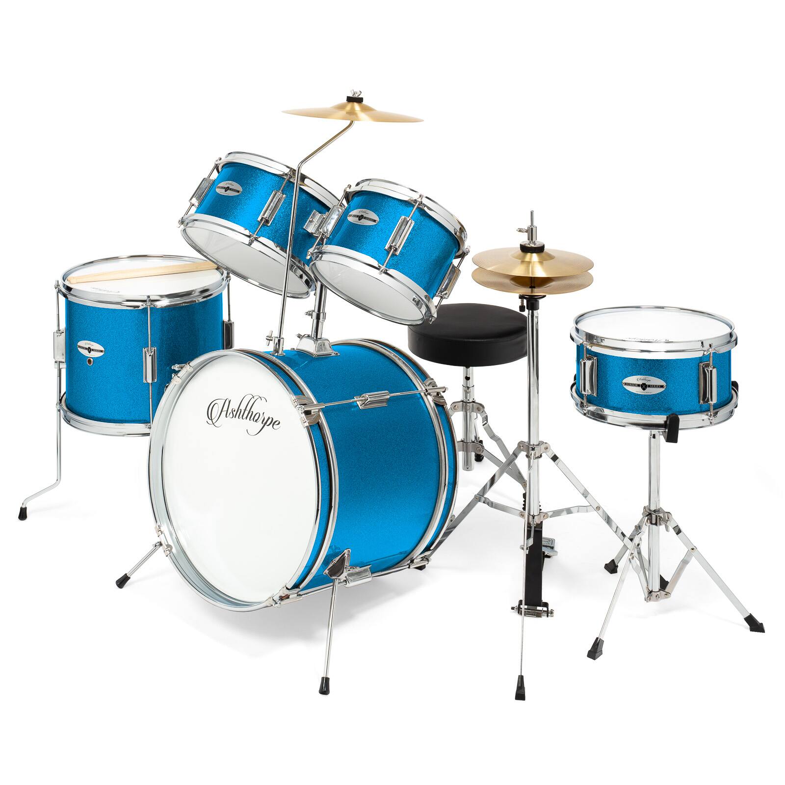 Front. Ashthorpe - Beginner Drum Kit with Brass Cymbals (Set of 5) - Blue.
